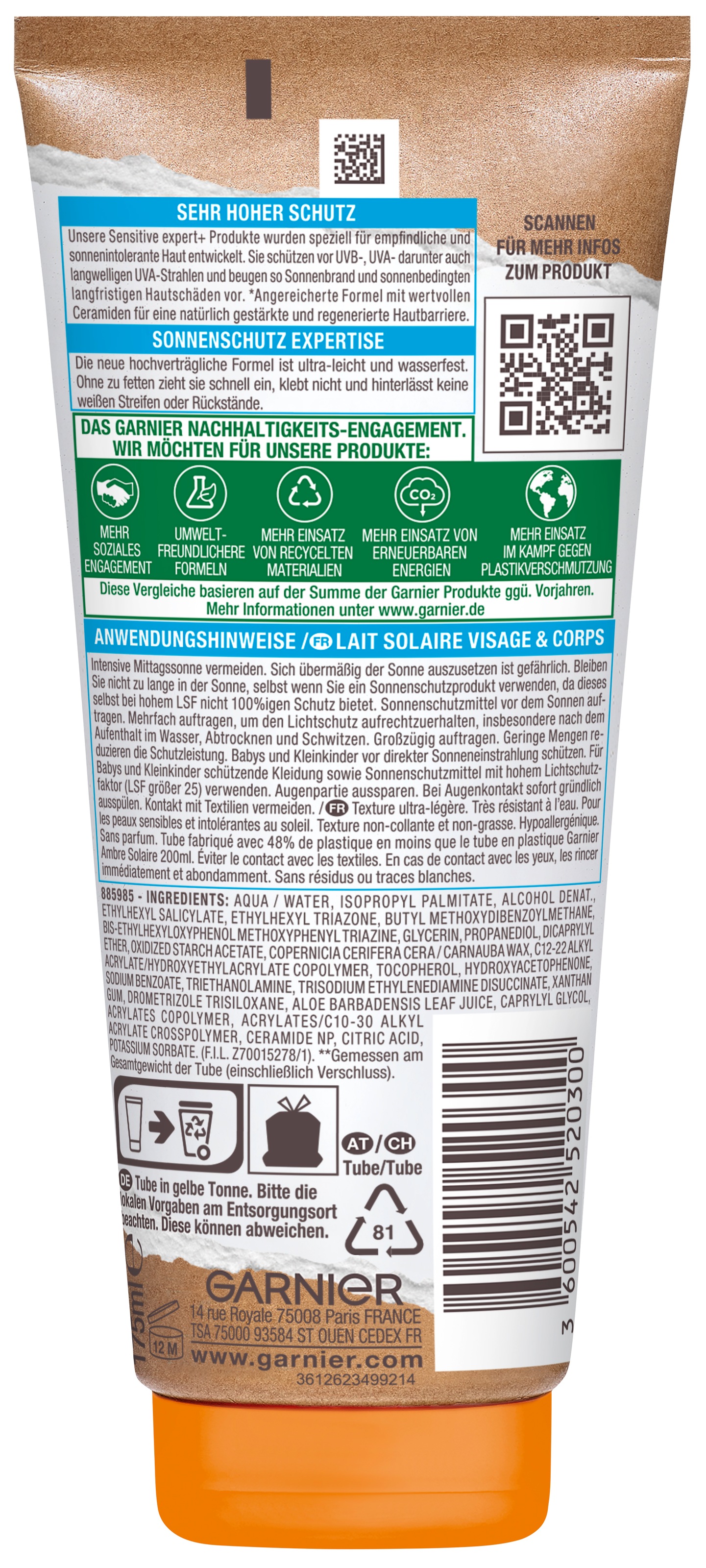 GARNIER Sonnenschutzmilch »AMBRE SOLAIRE SENSITVE EXPERT+ LSF50+« schützt, zieht schnell ein, keine Rückstände