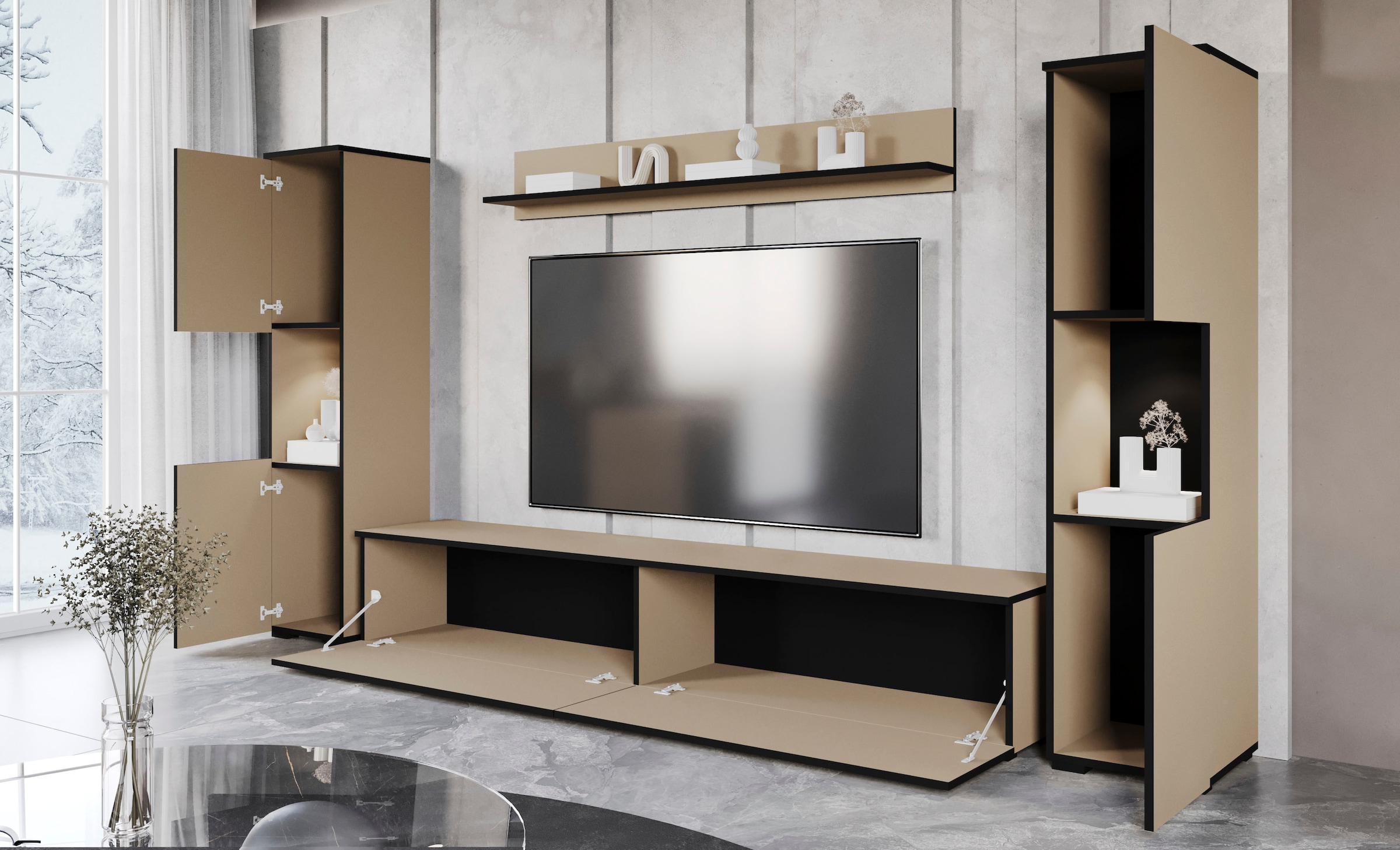 INOSIGN Wohnwand »PARIS«, (Komplett-Set, 4 St.), TV-Wand 260cm breite, grifflose Design, stehend und hängend montierbar