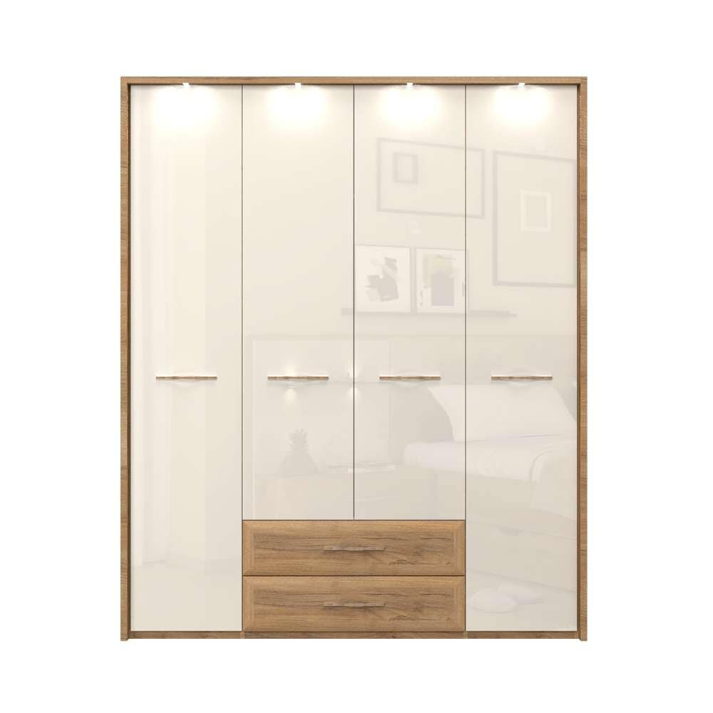 Home affaire Kleiderschrank »Gala, beige hochglänzend UV lackiert, kratzfest, FSC-zertifiziert«, (abgerundete Schubladen aus MDF im Holzdekor, soft-close), mit Beleuchtung und Passpartourahmen, hoher Schrank (224cm), 4 Breiten