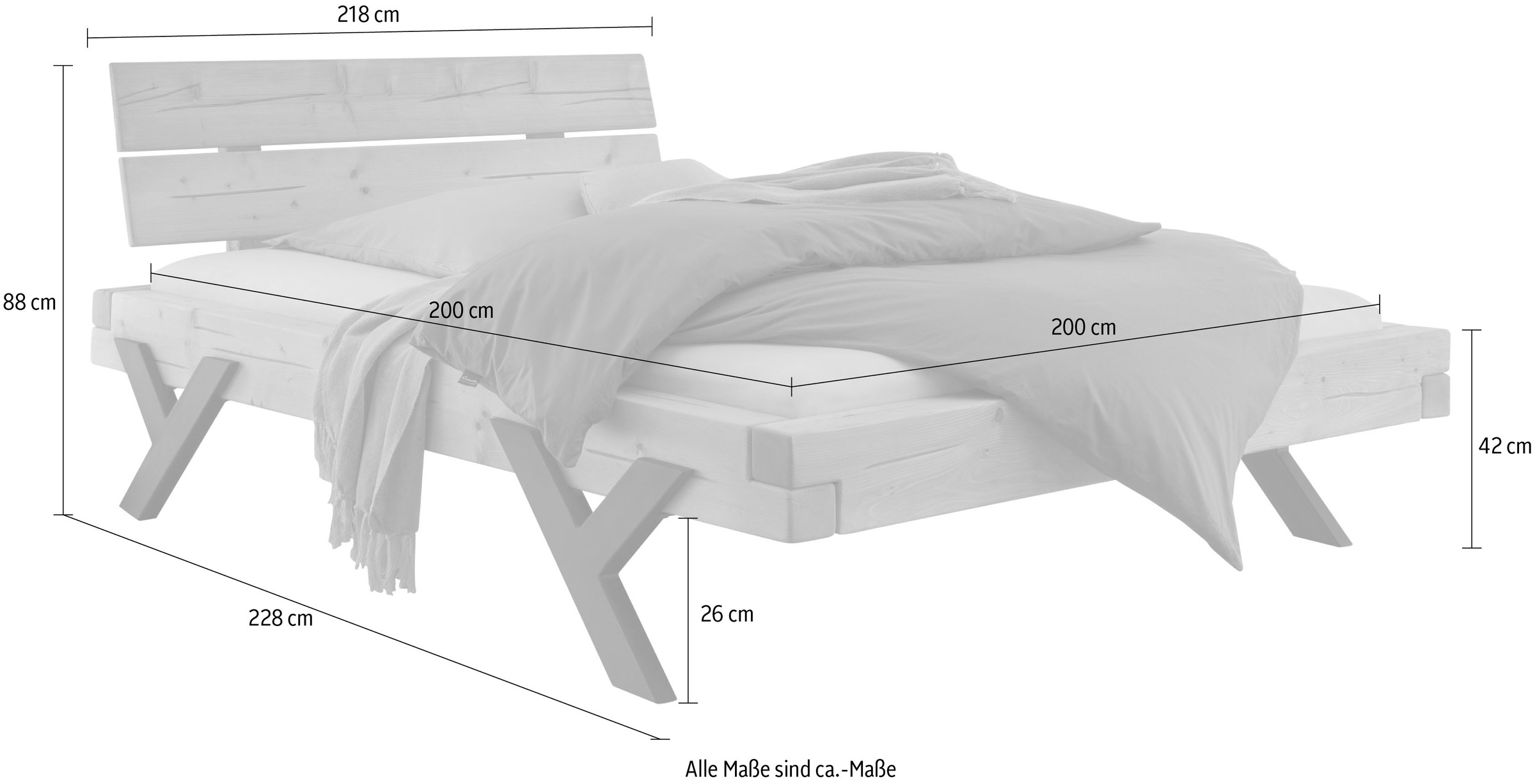 Home affaire Massivholzbett »Ultima Balkenbett Doppelbett, Füße aus Metall in Y-Form«, (hohe Belastbarkeit: 200kg je Seite), FSC®-zertifizierte Wildeiche oder Fichte, viele Breiten zur Auswahl