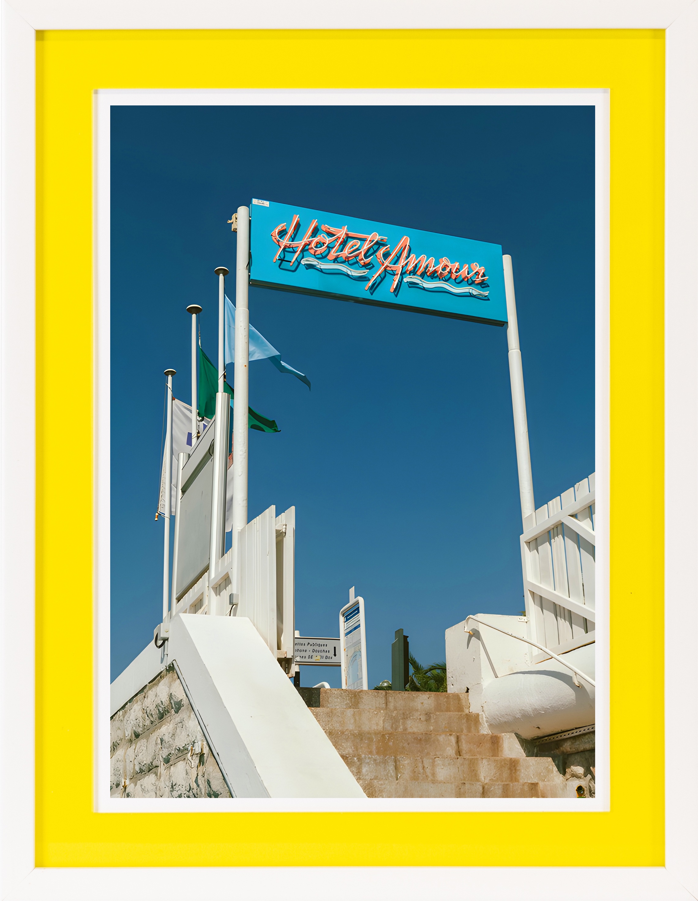 queence Bild mit Rahmen »Treppe, Schild, gelb«, Schriftzug-Schriftzüge, (1 St.), Poster mit buntem Acrylglas Passepartout