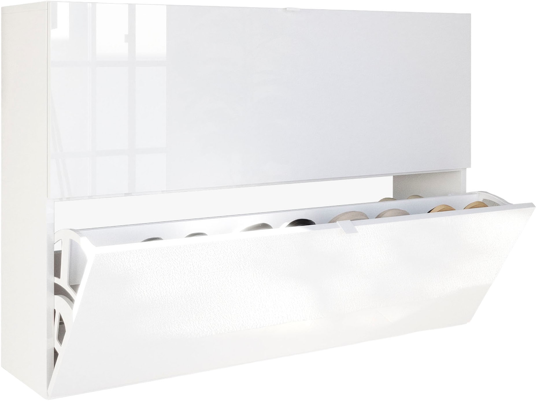 INOSIGN Schuhschrank »SMILE Breite 104 cm, 2 Klappen, komplett Weiß Hochglanz lackiert,«, Schuhkipper hängend o. stehend montierbar, 4 Fächer, Metallgriffe