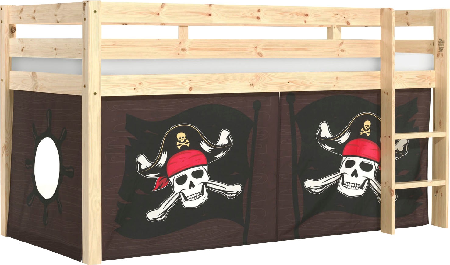 Vipack Spielbett »Pino, Kiefer massiv, mit Rolllattenrost u. Textil-Set, Made in Europe« B/H/T ca. 210x114x106cm, mit Leiter und Absturzschutz,  verschiedene Textil Dessins, 3 Gestellfarben zur Wahl