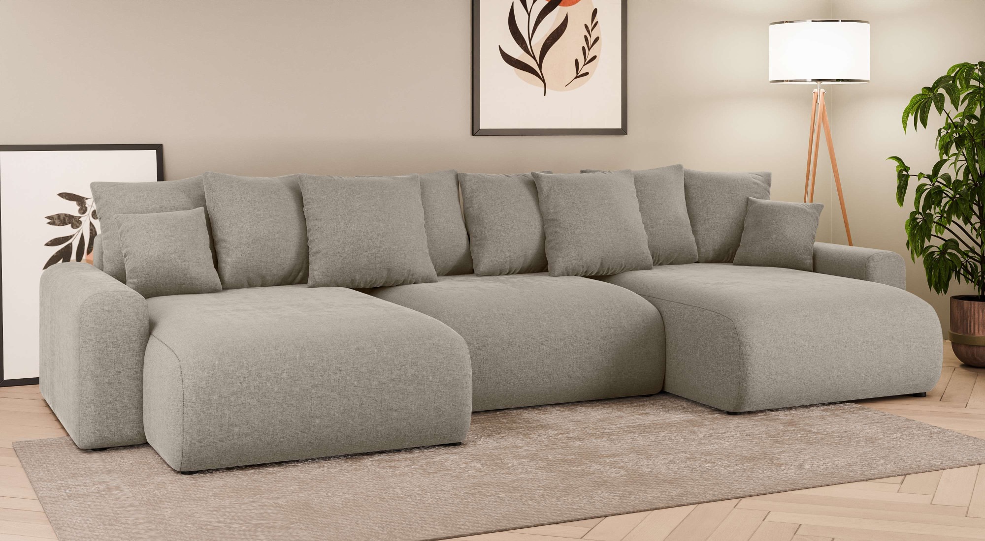 Home affaire Wohnlandschaft »LAKESIDE mit Bettfunktion und Bettkasten, Maße B/T/H: 332,5/142/84 cm«, U‑Form mit vielen Kissen und Wellenunterfederung