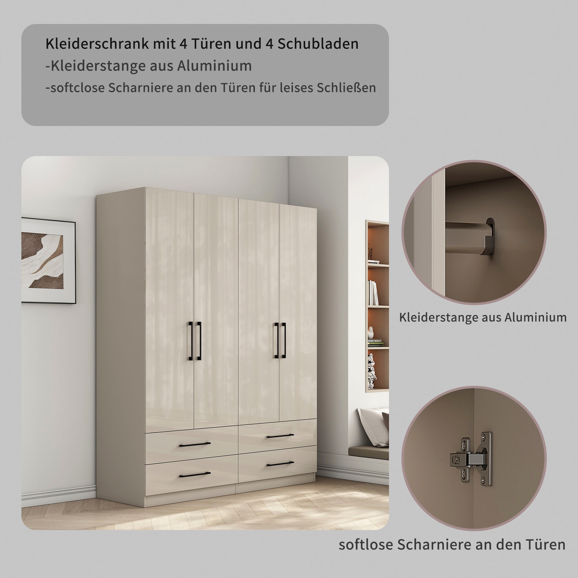 OTTO home Kleiderschrank »Sylt Schlafzimmerschrank Garderobe Schrank hochglanz« Drehtürenschrank mit 4 Schubladen und 4 Türen,  Schrank in Breite 160 mit viel Stauraum