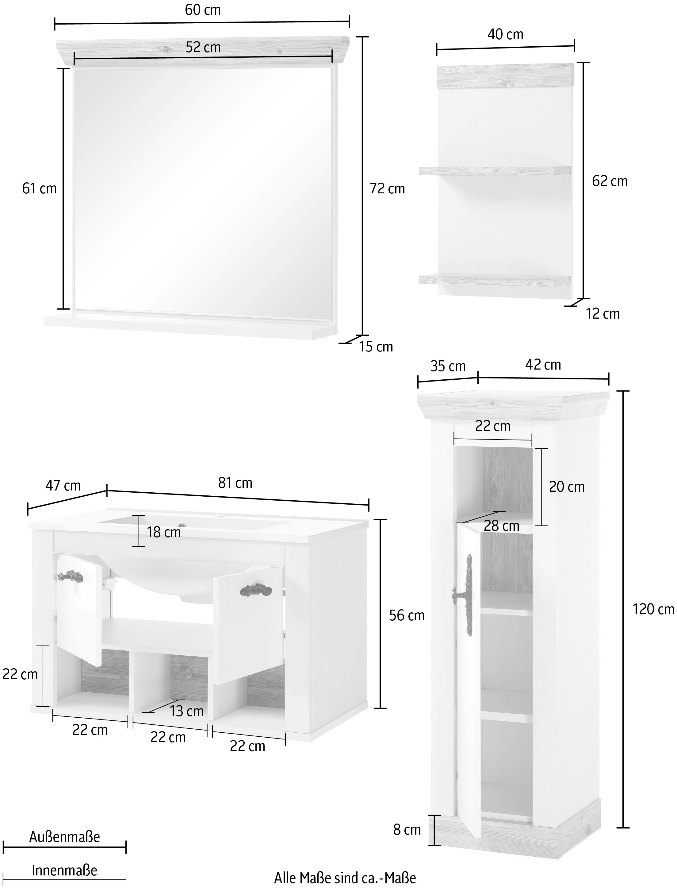 Home affaire Badmöbel-Set »Florenz, Bad im Landhausstil, 4-teiliges Badezimmer«, (4 St.), Hänge-Waschtisch, Schrank, Wandboard und Spiegel, in Pinie Weiß