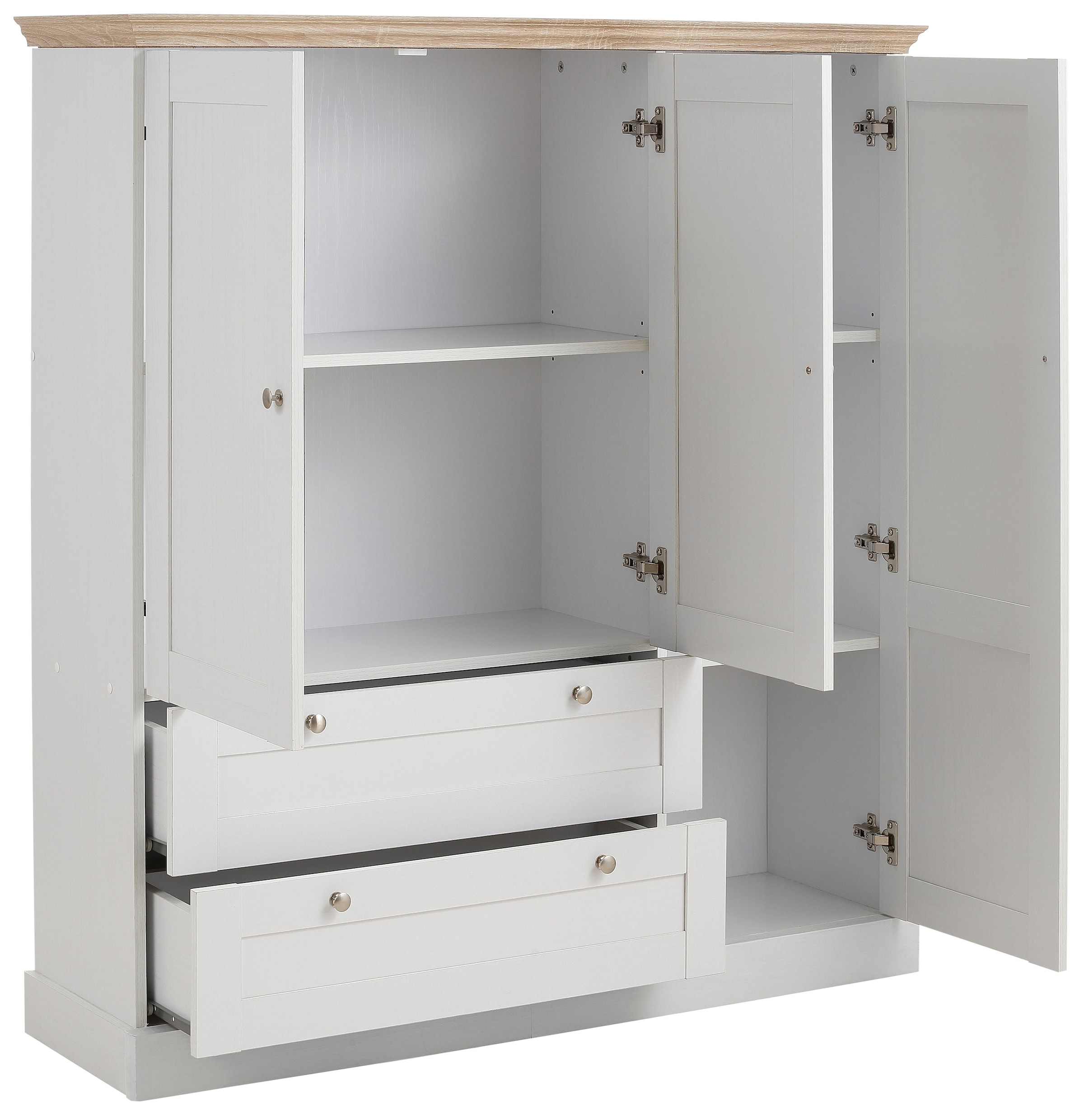 Home affaire Drehtürenschrank »Binz, Wäscheschrank, Mehrzweckschrank, skandinavischer Landhausstil«, (B/H/T ca. 122/130/35 cm), viele Stauraummöglichkeiten, Metallgriffe, Türen mit Rahmen/ Kassetten
