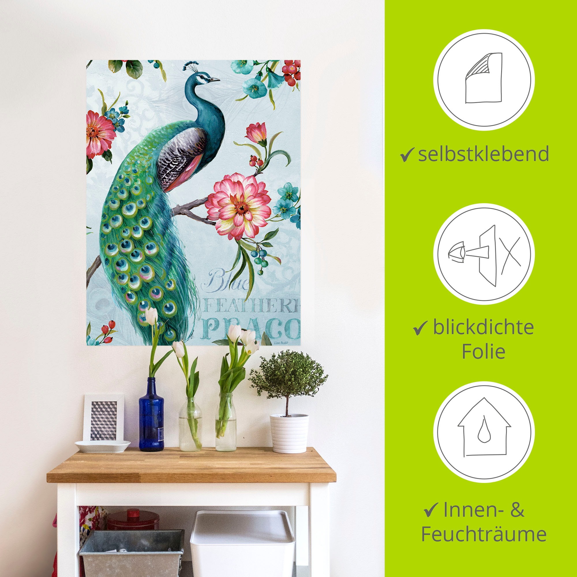 Artland Wandbild »Blau gepfederter Pfau«, Vögel, (1 St.), als Leinwandbild, Poster, Wandaufkleber in verschied. Größen
