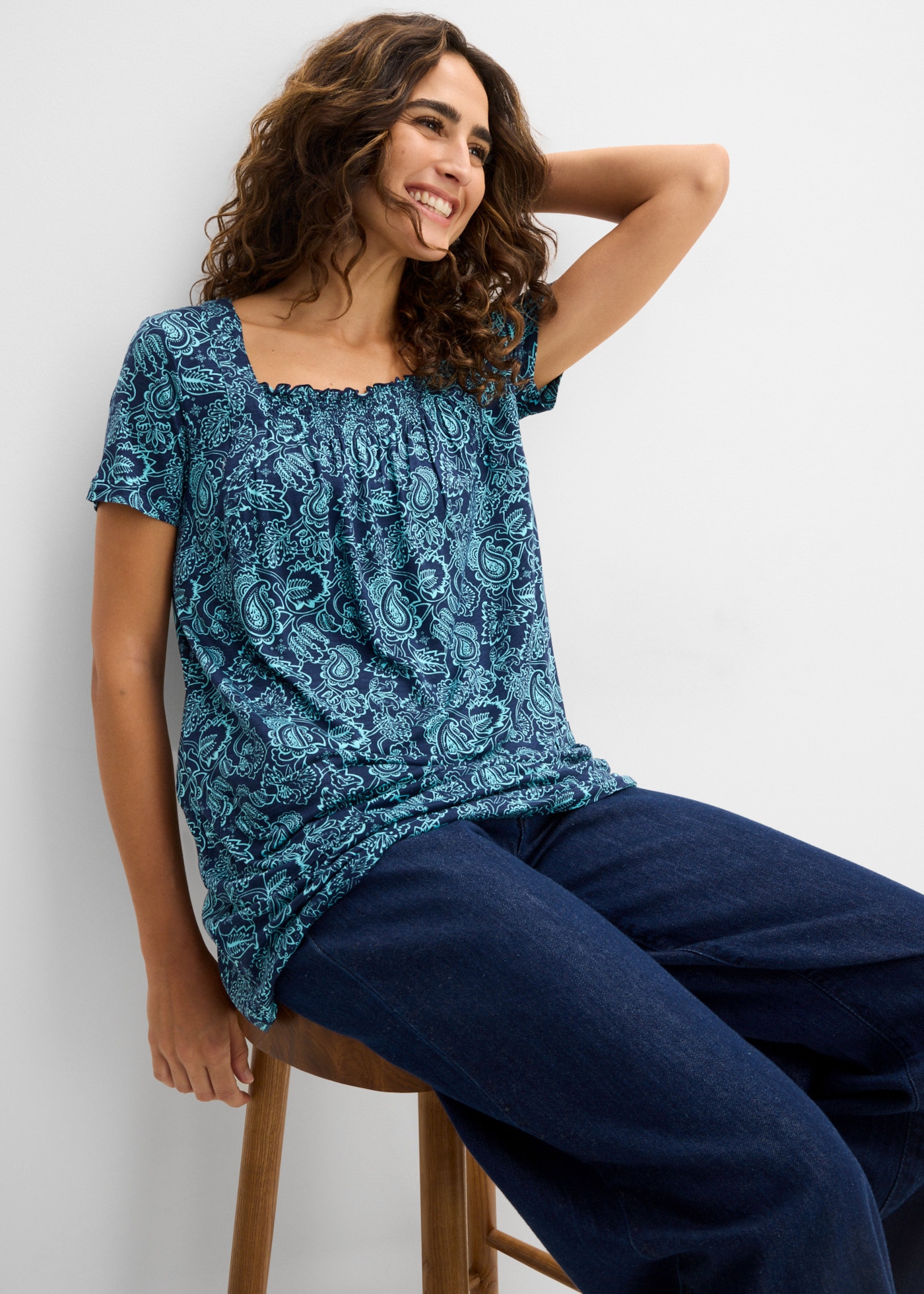 bonprix Tunikashirt mit gerafftem Ausschnitt, in A-Linie, Kurzarm-Design