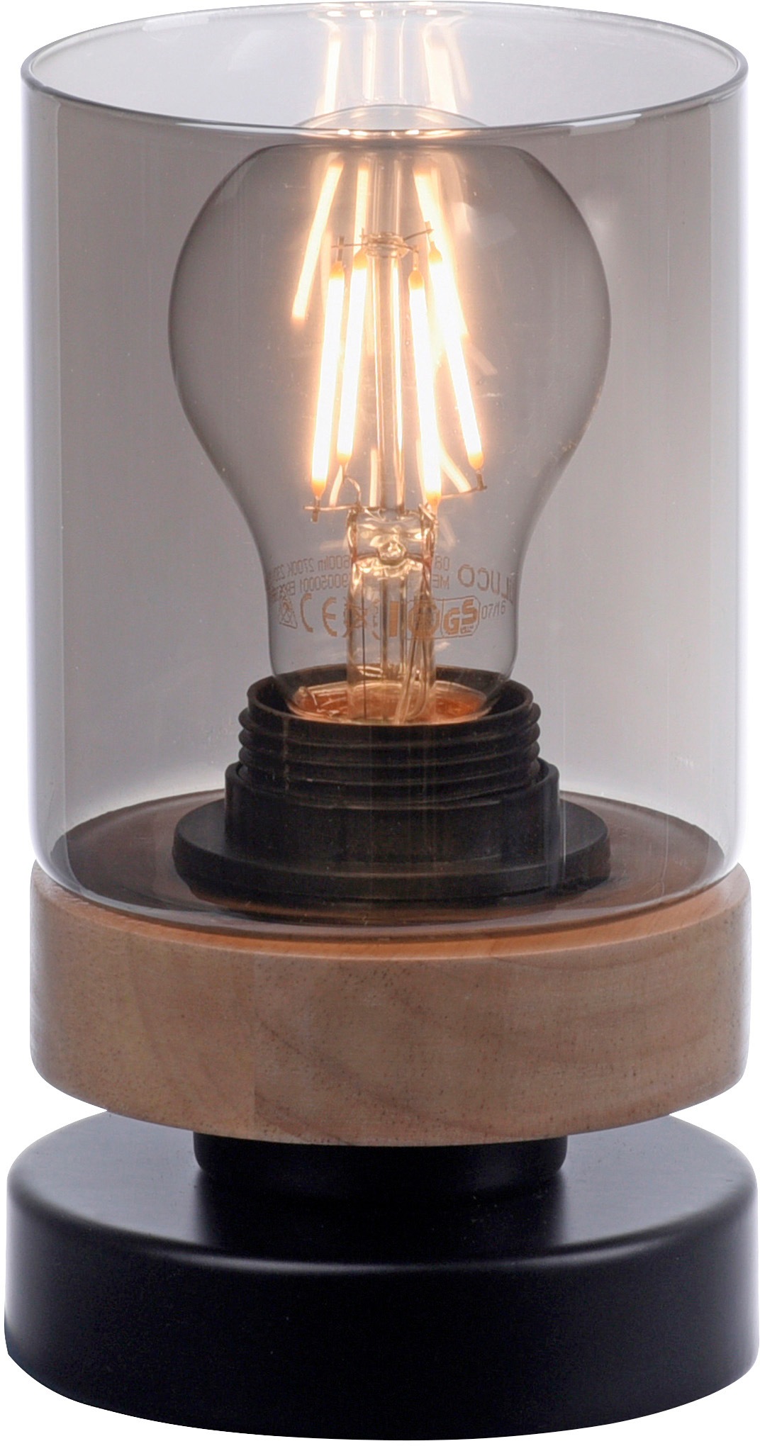 Home affaire Tischleuchte »Tendon«, 1 flammig-flammig, Tischlampe, Glas, Holz, Rauchglas, geeignet für Leuchtmittel - E27