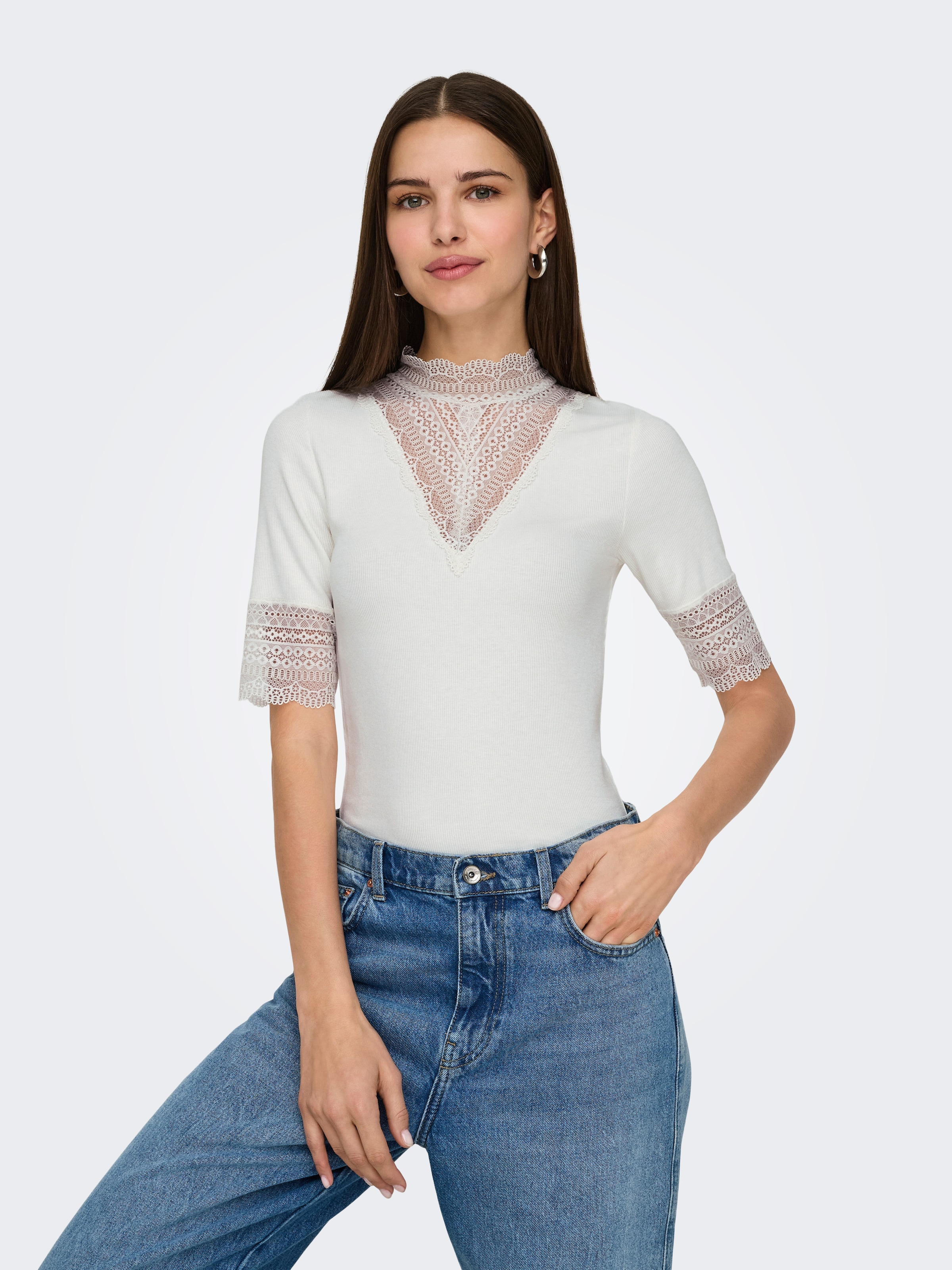 ONLY Spitzenshirt »ONLTILDE HIGHNECK S/S TOP JRS NOOS«