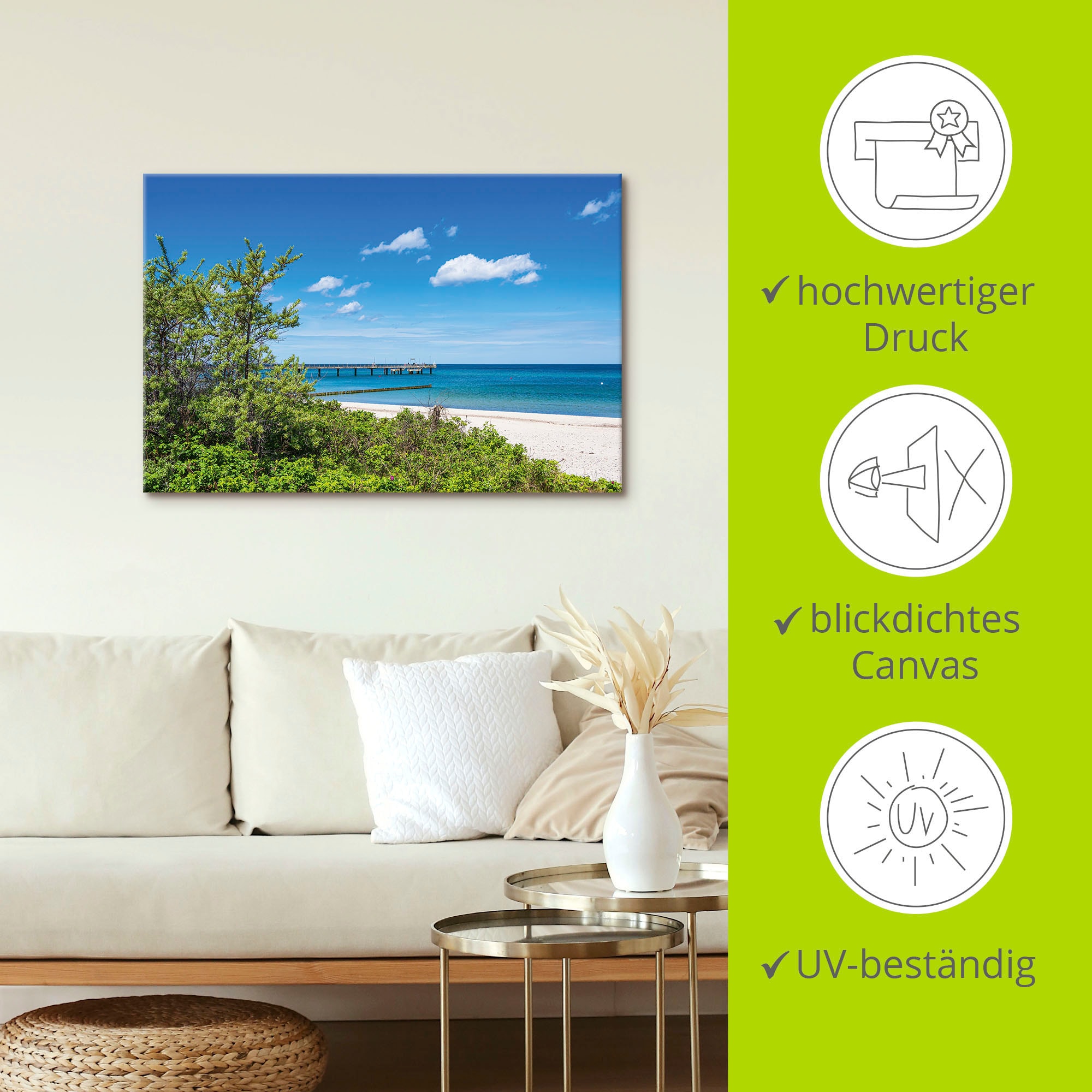 Artland Wandbild »Strand und Seebrücke an Ostseeküste«, Strandbilder, (1 St.), als Alubild, Leinwandbild, Wandaufkleber oder Poster in versch. Größen