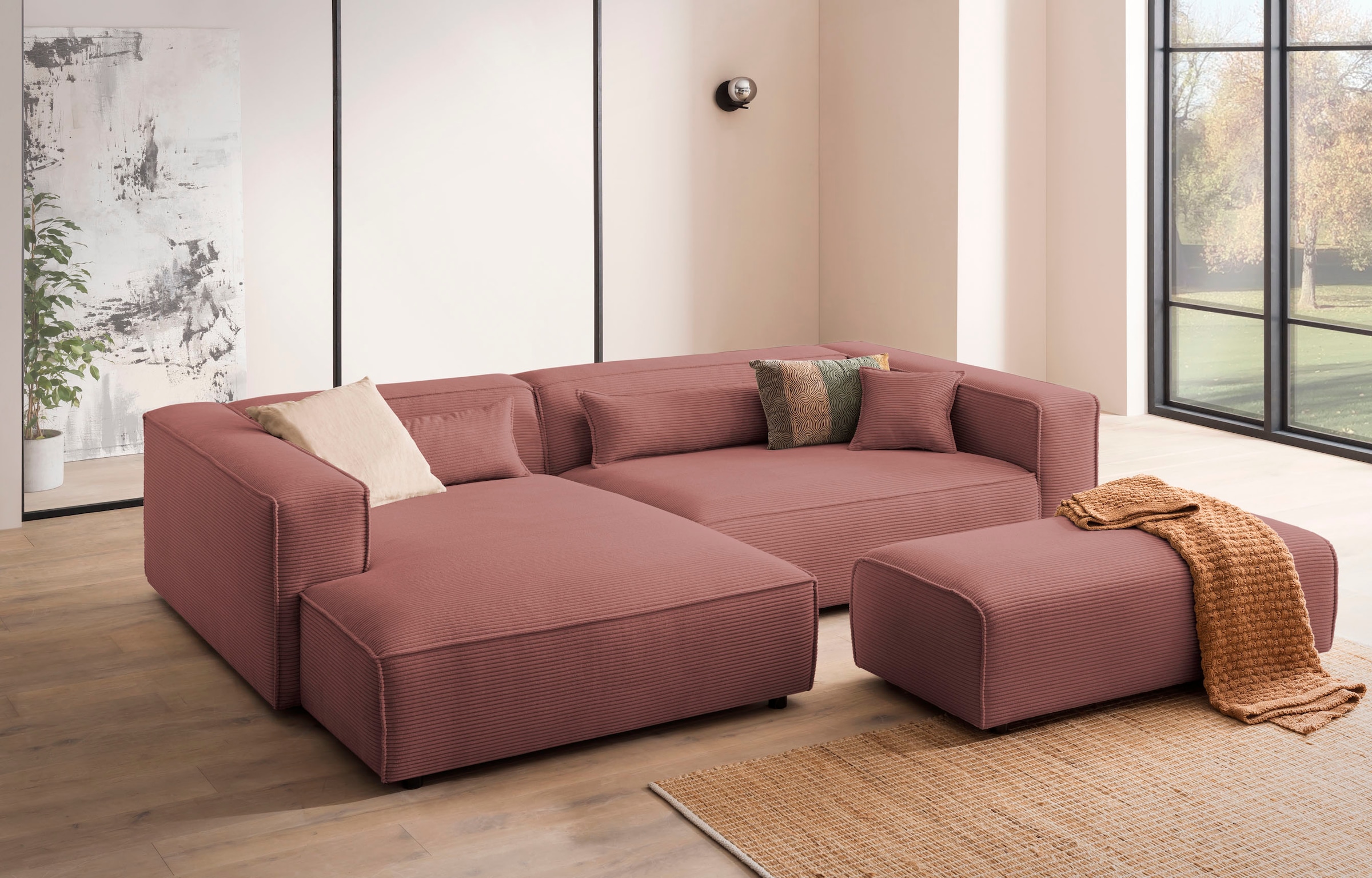 LeGer Home by Lena Gercke Polsterecke »PIARA XXL, L-Form mit Schlaffunktion, Big-Sofa in Cord o. Leinenoptik«, Hocker stellbar zum Schlafsofa (Krokodilverbinder), tiefe Sitzfläche