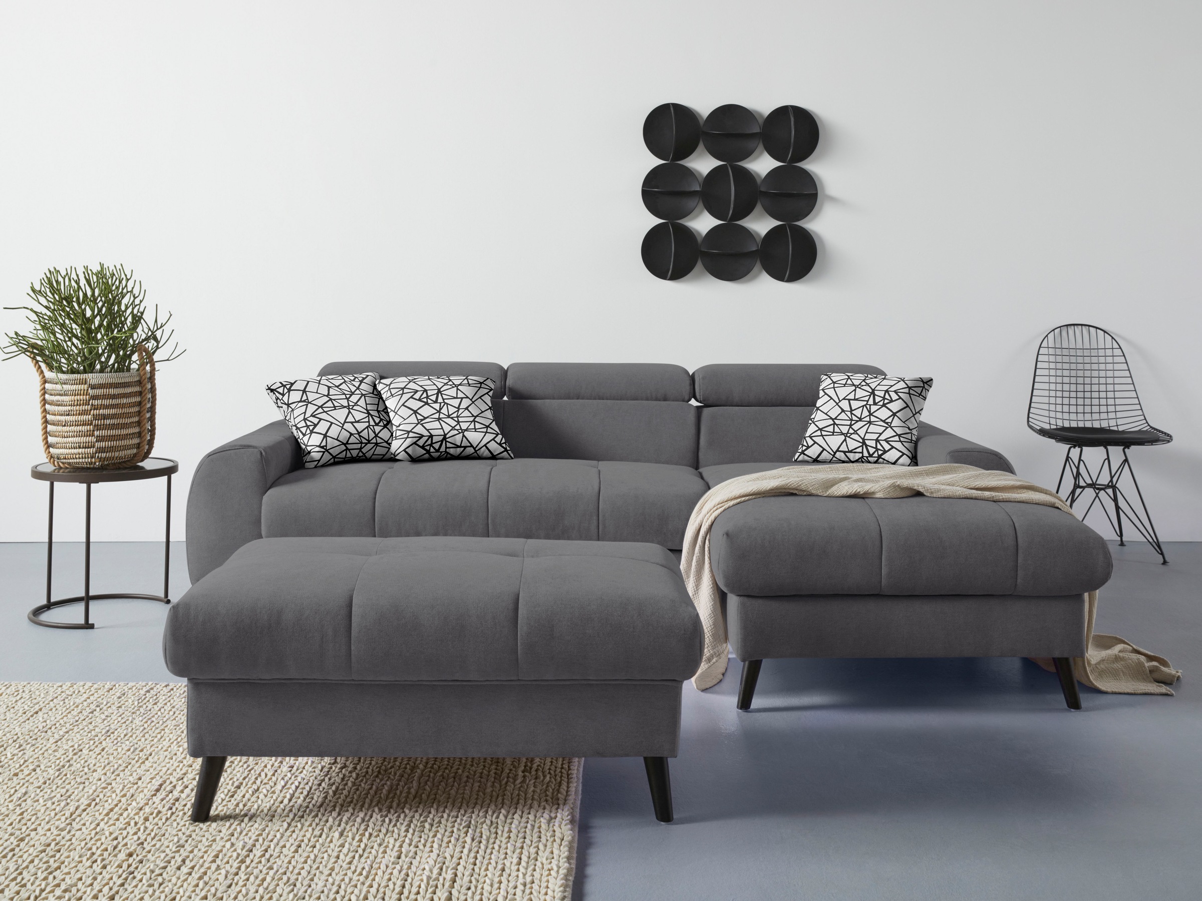 COTTA Ecksofa »Mia L-Form mit 3 Zierkissen«, wahlweise mit Bettfunktion, Bettkasten, Beleuchtung & Wireless-Charger