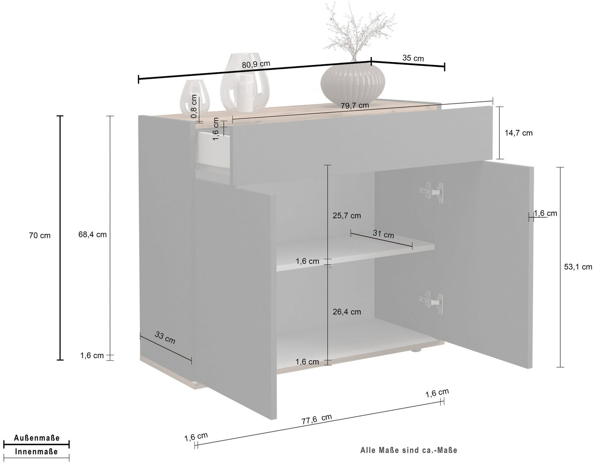 INOSIGN Sideboard »Garda, Kommode, Schrank, Kredenz«, 2 Türen, 1 Schublade,grifflos Breite 80,9 cm