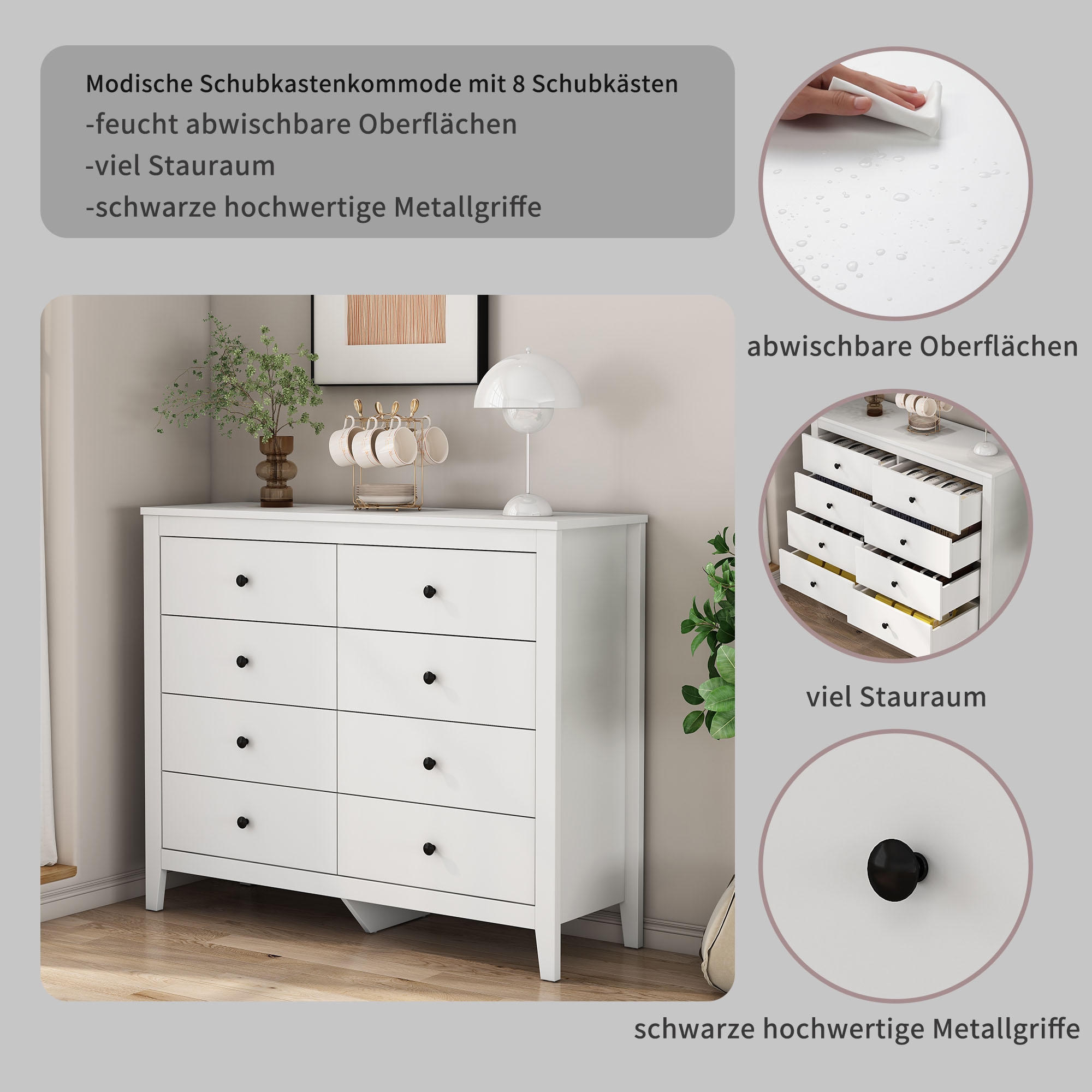 OTTO home Schubkastenkommode »Borkum Sideboard mit 8 Schubladen Bestseller Landhaus weiß« schwarze Griffe aus Metall, 