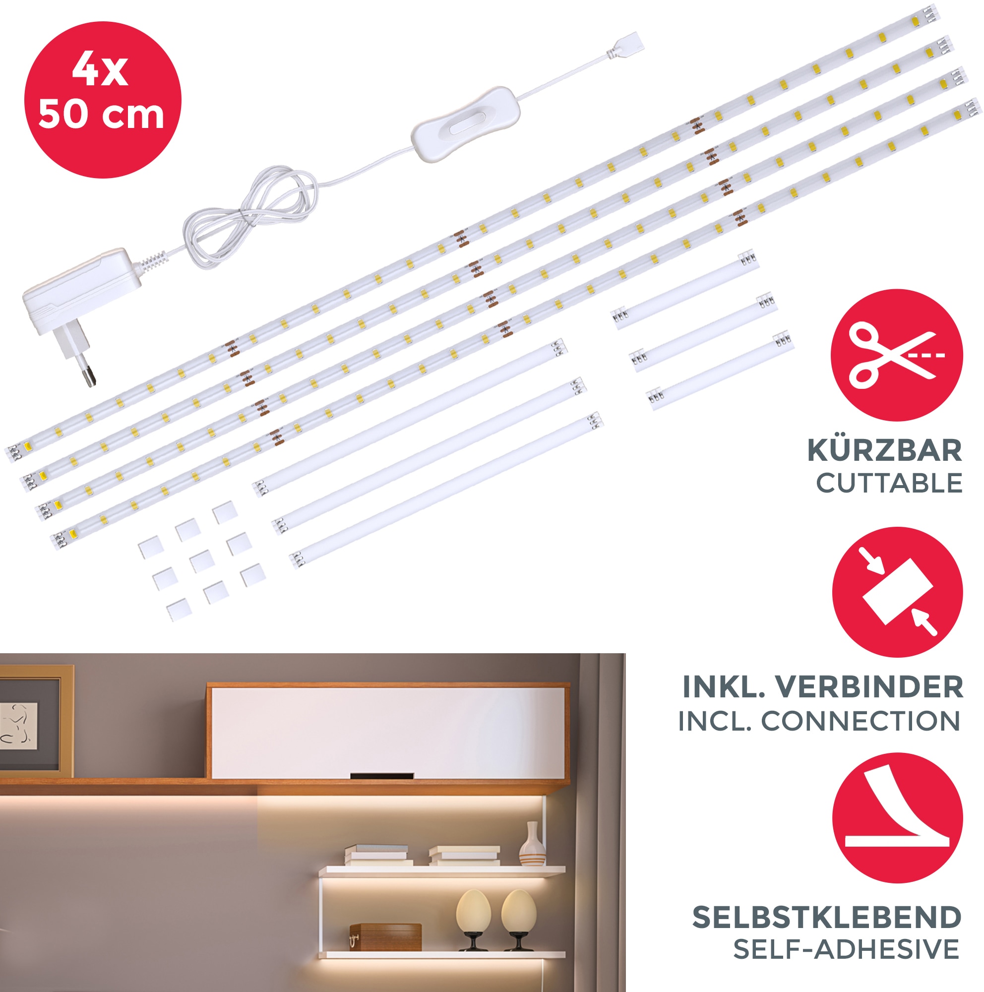 B.K.Licht LED-Streifen »Lacerta«, 2m LED Band Set 4 Streifen Unterbauleuchte inkl. Verbinder