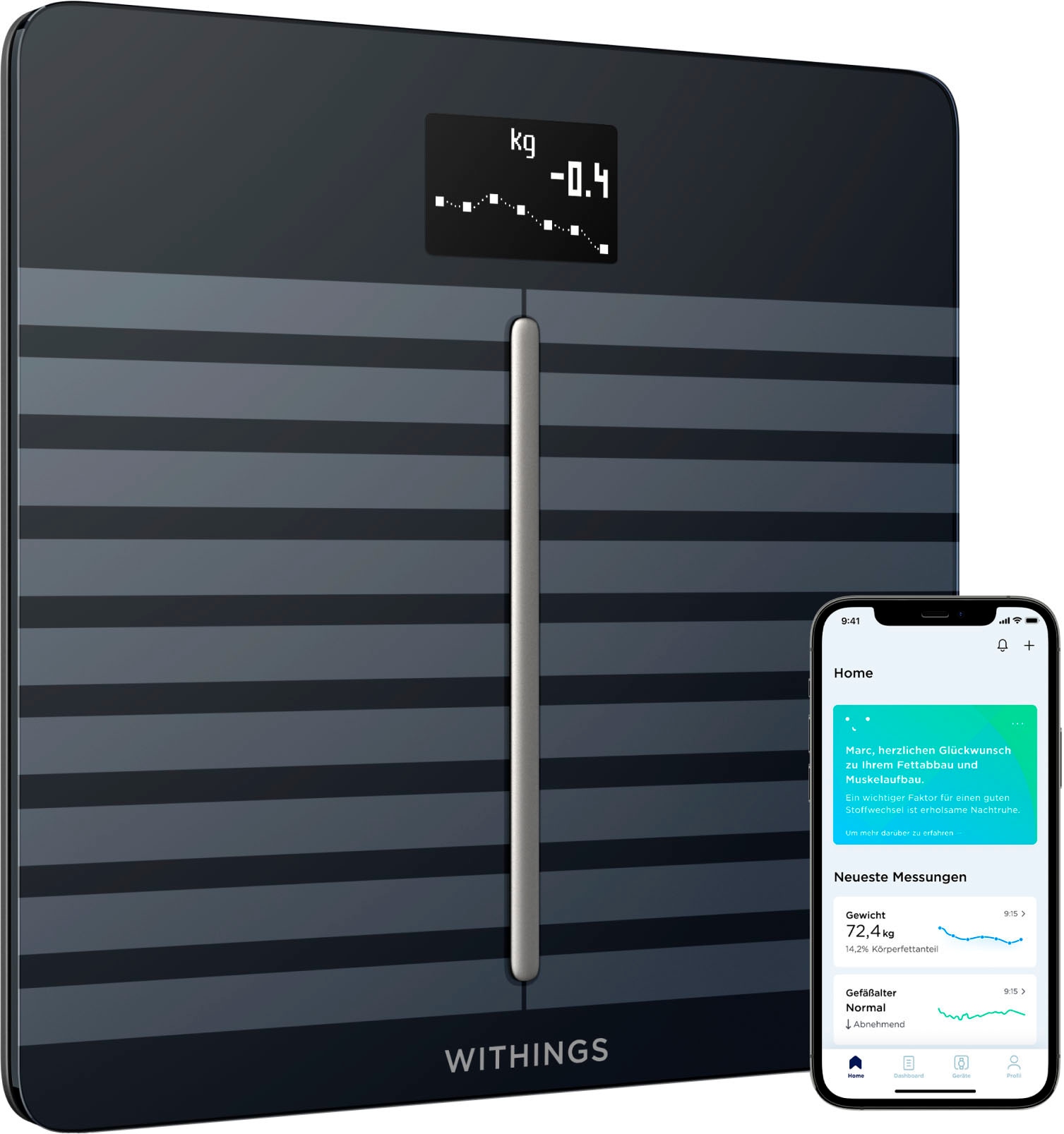 Withings Körper-Analyse-Waage »Body Cardio, Bluetooth und W-Lan fähig«, zeigt Körperfettanteil (KFA), Muskelmasse, Wasseranteil
