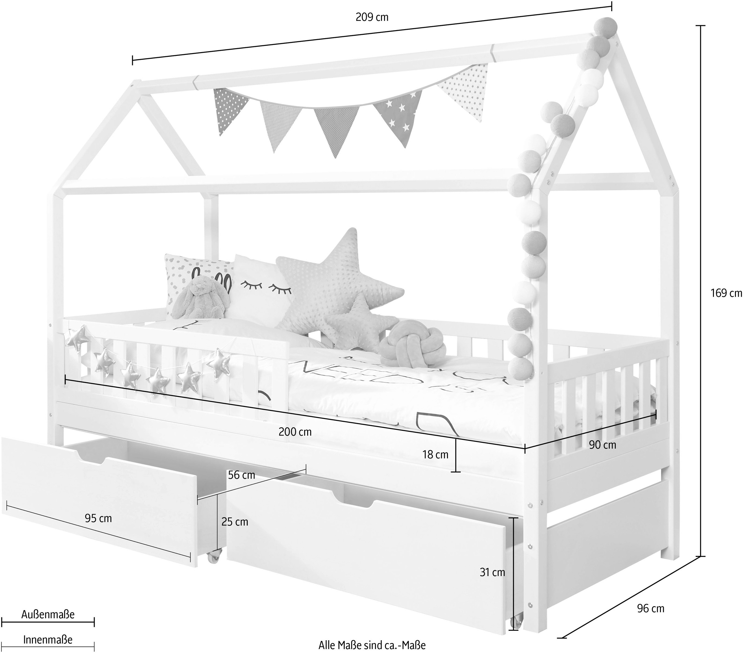 Ticaa Hausbett »Traumhaus« Hausbett, inkl. Schubkasten, Rollrost und Matratze