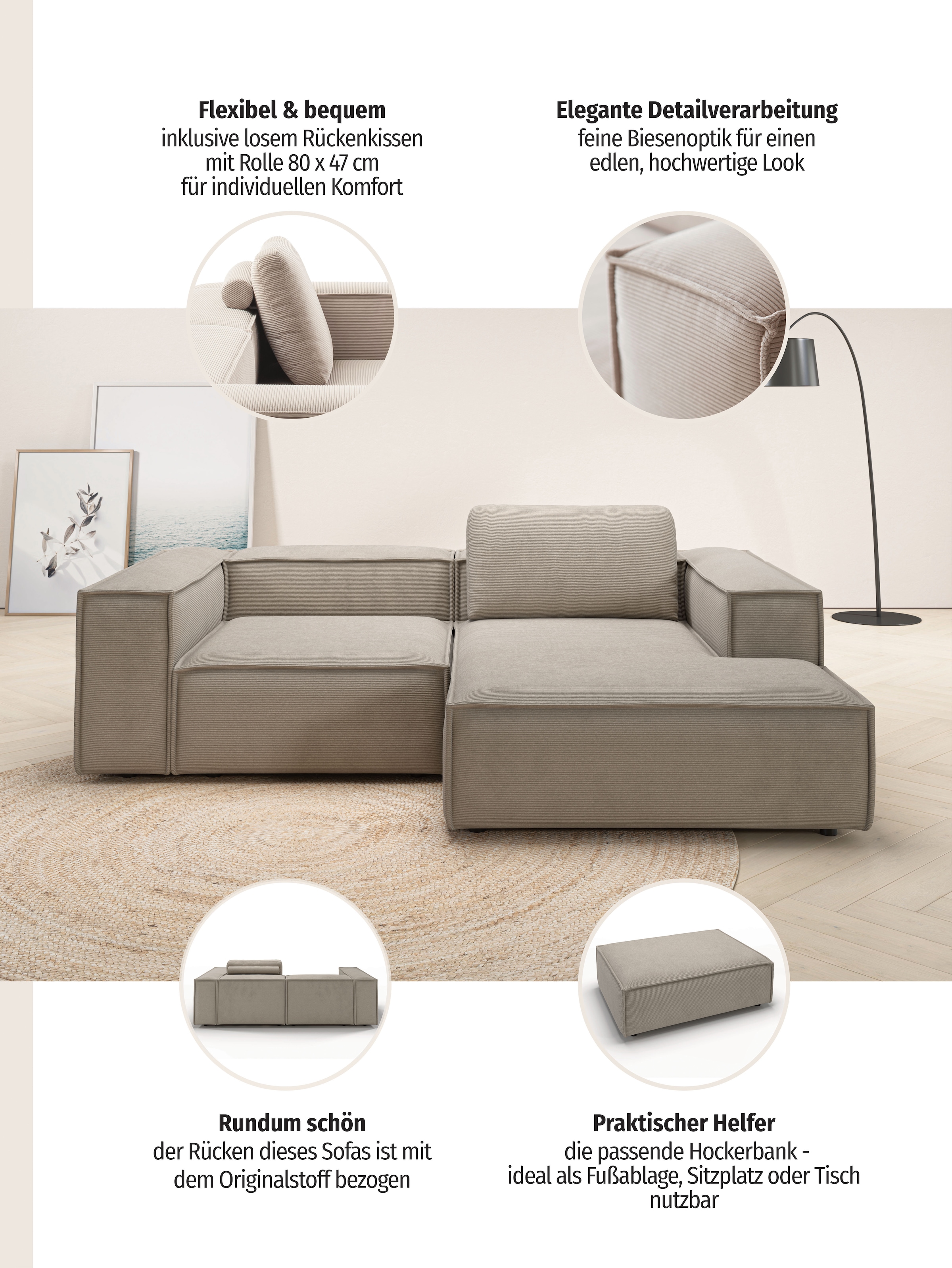 Places of Style Ecksofa »Watertown, kompakte L-Form, 246 cm breite für kleinere Räume«, modernes Ecksofa mit Feincordbezug, platzsparend & bequem