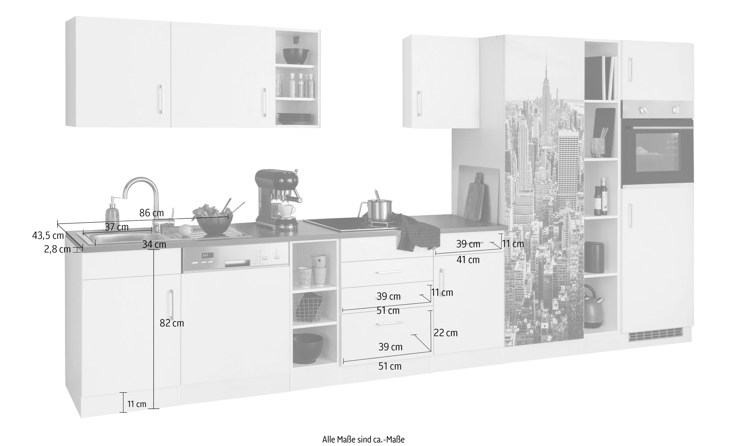 KOCHSTATION Küchenzeile »KS-Paris – Küchen mit einzigartigen Fotomotiven auf den Fronten« Breite 400 cm, wahlweise mit E-Geräten und Induktion