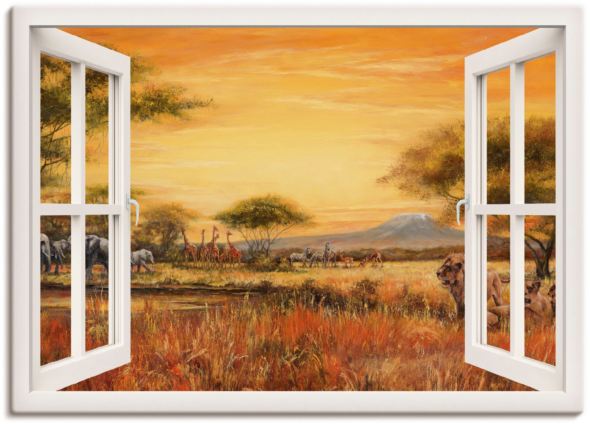 Artland Wandbild »Fensterblick Afrikanische Steppe Löwen«, Fensterblick, (1 St.), in vielen Größen & Produktarten -Leinwandbild, Poster, Wandaufkleber / Wandtattoo auch für Badezimmer geeignet