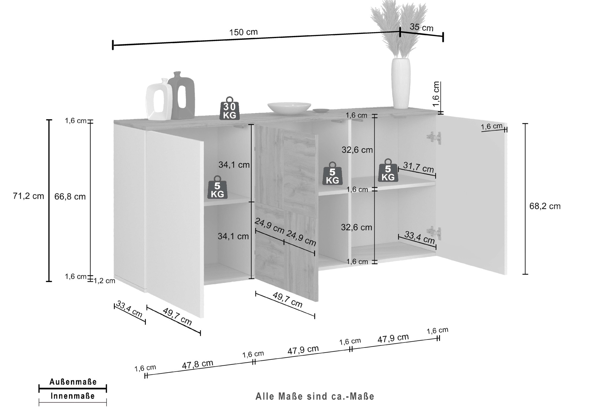 OTTO home Sideboard »ISEO, Kommode, Schrank, Sideboard, Lowboard, 6 Fächer, Breite 150 cm« 1 Stk. tlg. stehend/hängend, 3 Türen Hochglanz lackiert, Made in Italy