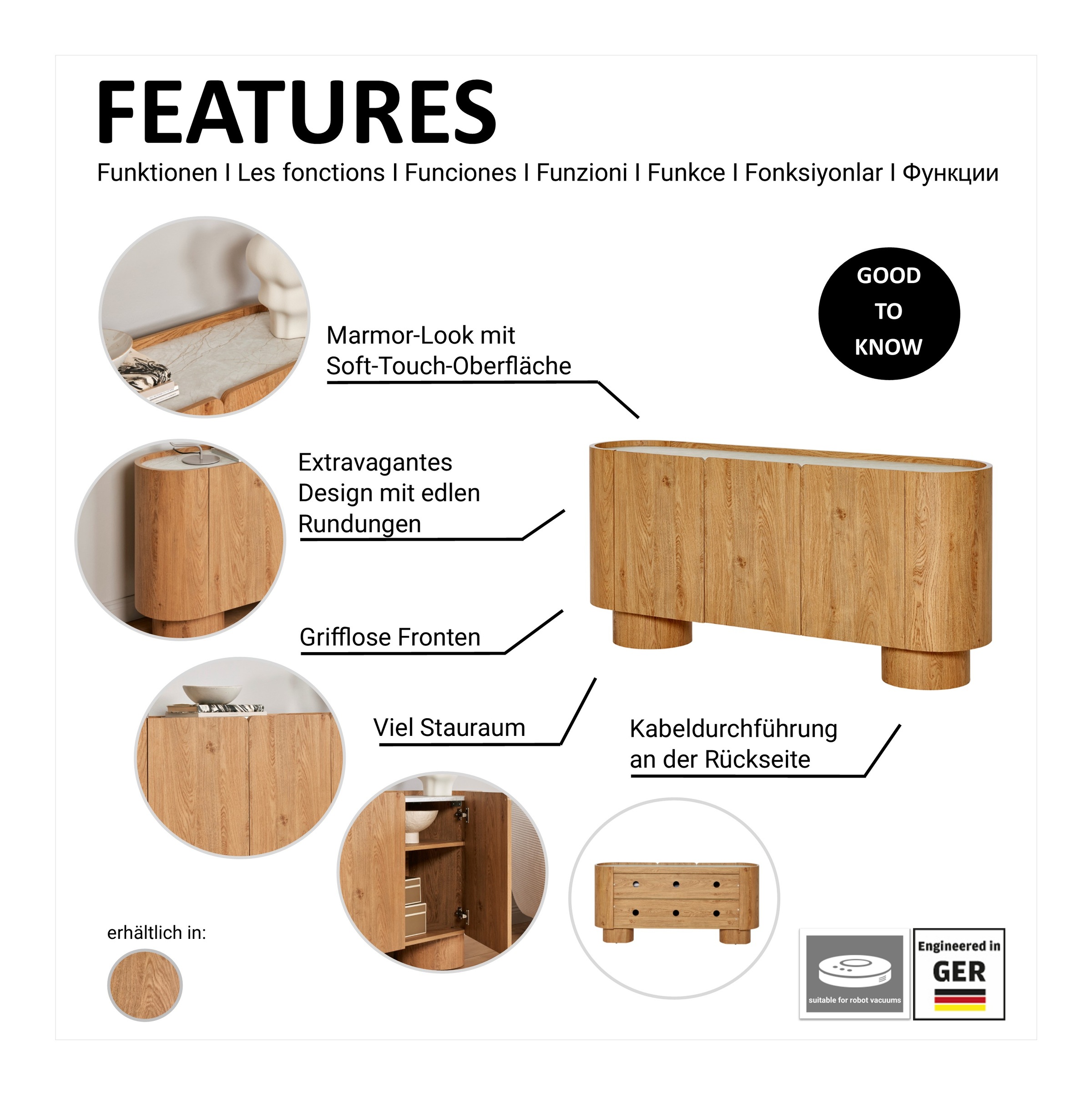 Jahnke Sideboard »CIRCO SB 160« 1 Stk. tlg. Sideboard, 3-türig, gerundetes Design, Marmor-Look, Breite 160 cm