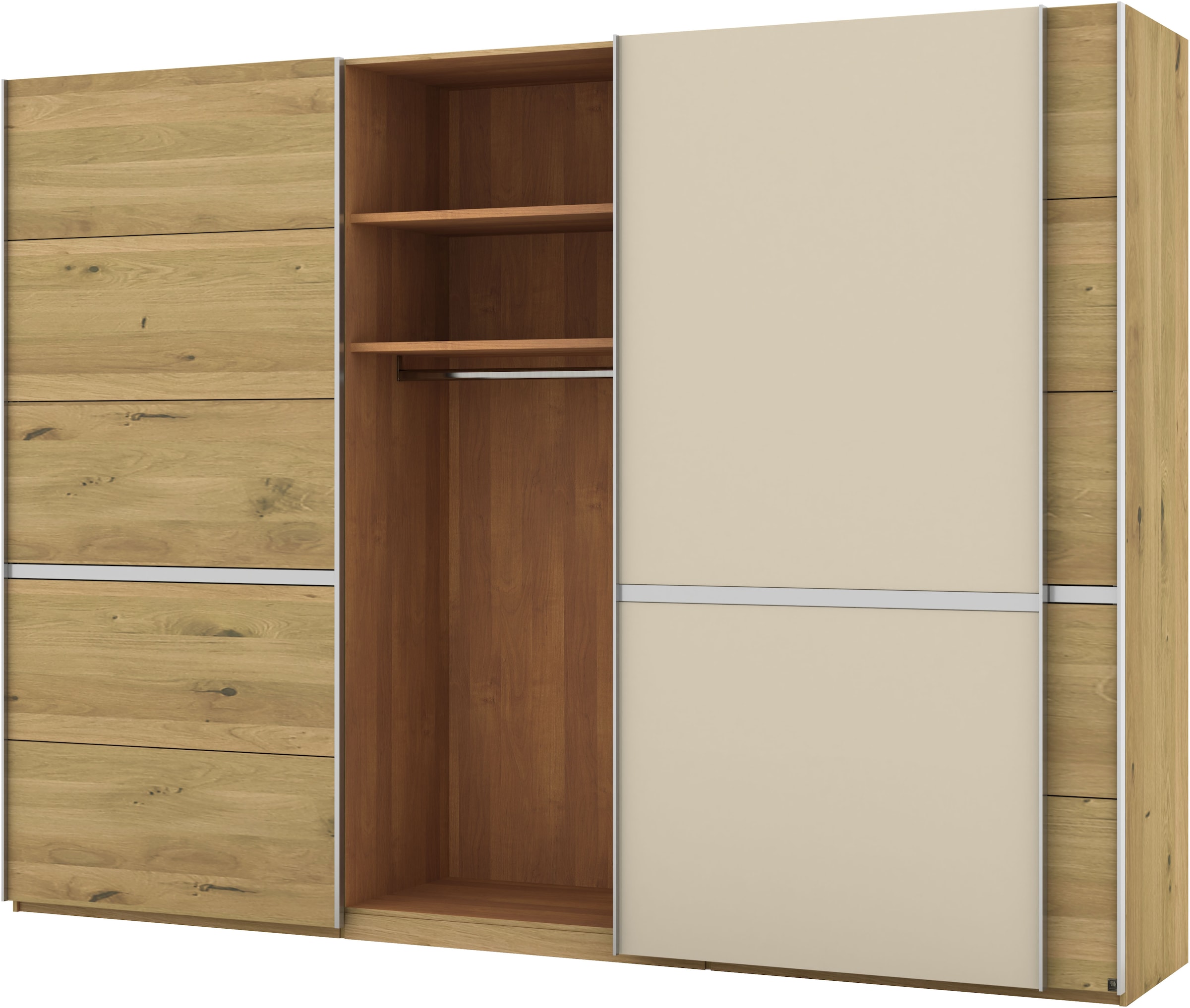 Musterring Schwebetürenschrank »Savona, Kleiderschrank, Schrank, Garderobe, mit Schiebetüren«, (Teilmassiv Bianco-Eiche, mit Spiegel oder Glas, MADE IN GERMANY), Türen Bianco-Eiche massiv, Spiegel-/Glastüren, eingelegte Chromleiste