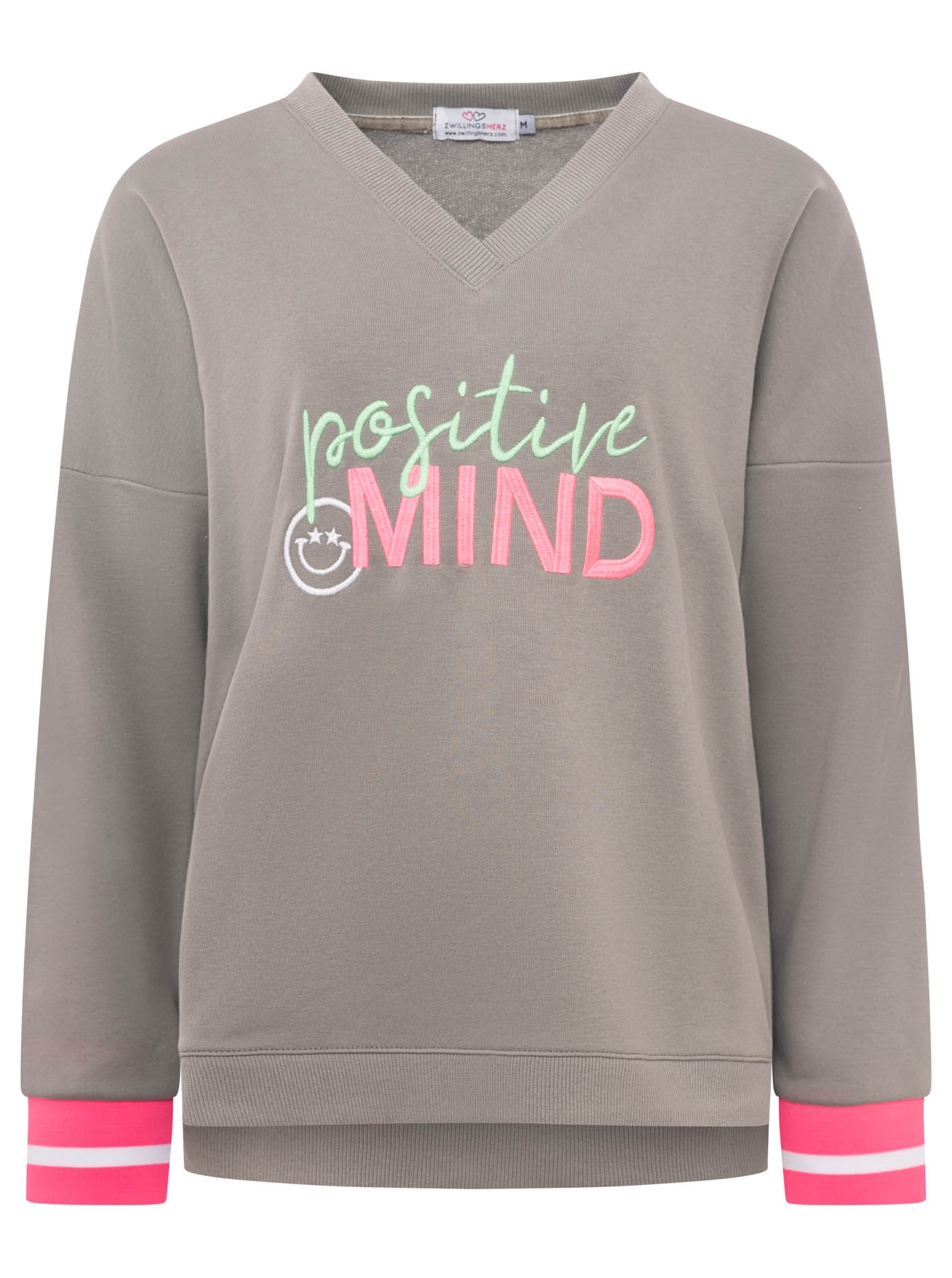 Zwillingsherz Hoodie »"Positive Mind"«, neonfarbenen Bündchen, V-Ausschnitt, Seitenschlitze, Langarm
