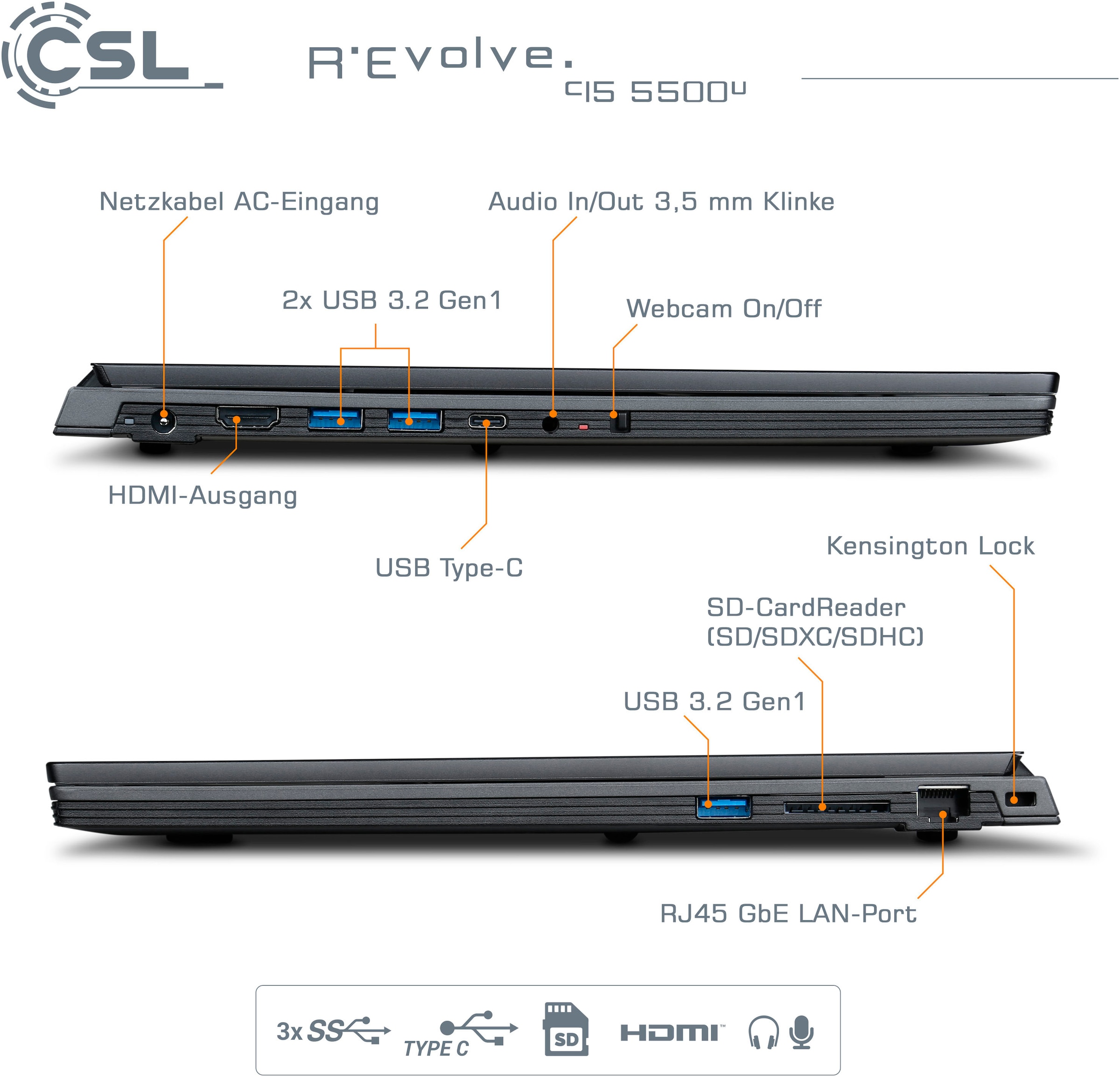 CSL Notebook »R'Evolve C15 5500U / 32GB / 4000GB / Windows 11 Home«, 39,6 cm, / 15,6 Zoll, AMD, Ryzen 5, Radeon Graphics, 4000 GB SSD