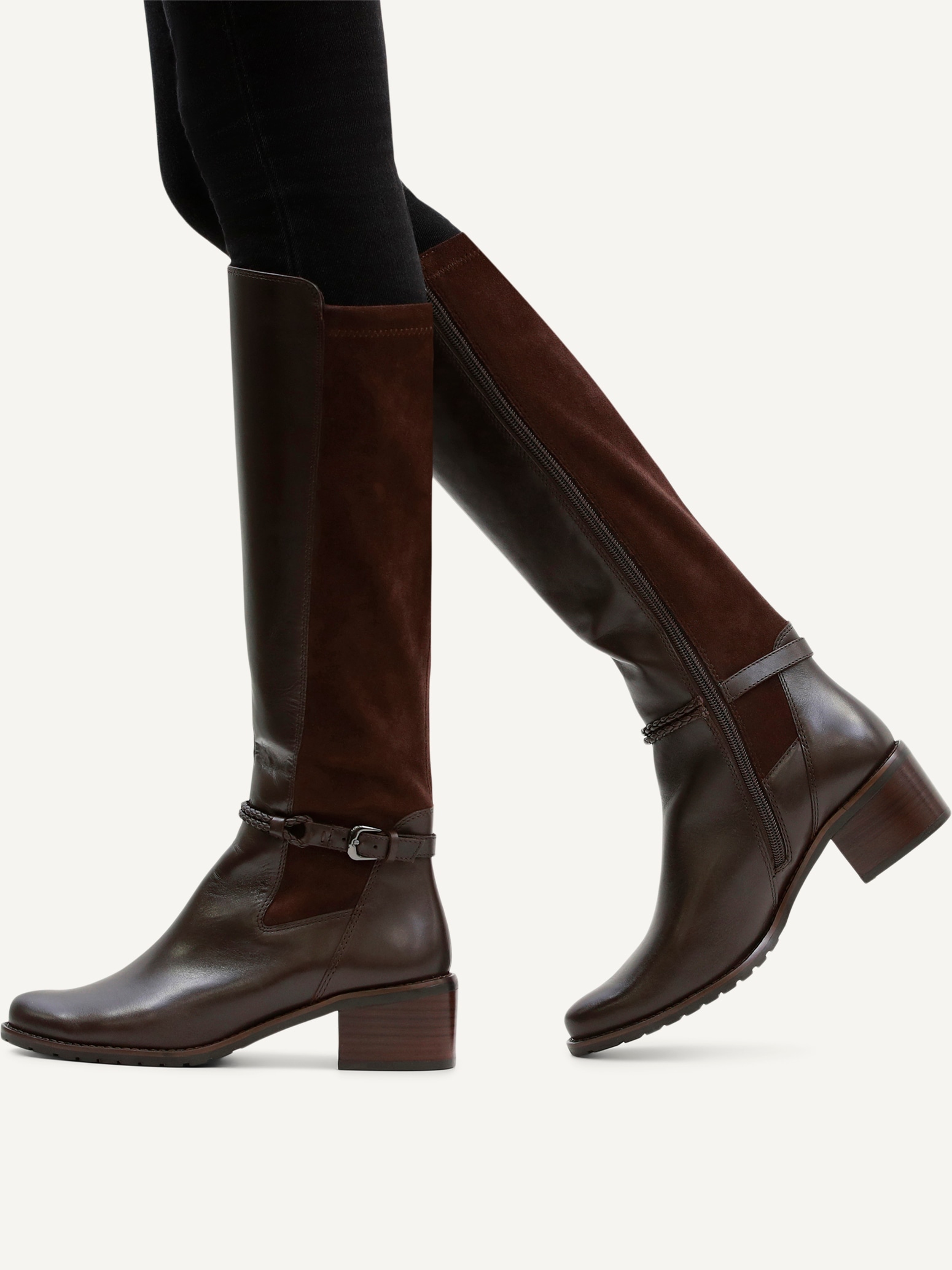 Caprice Stiefel, Blockabsatz, Langschaftstiefel, Businessstiefel mit Flechtband