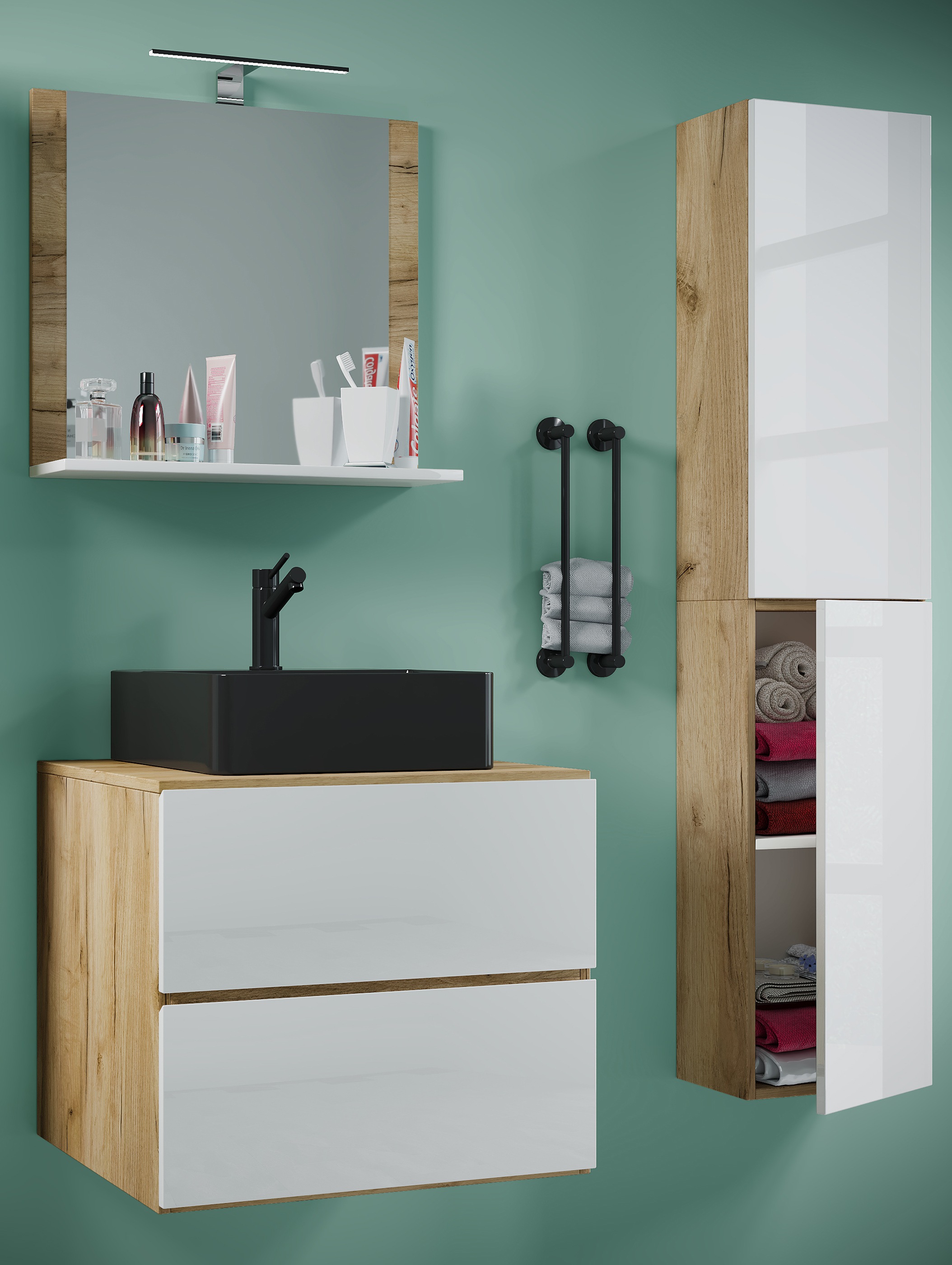 VCM Waschbeckenunterschrank »VCM 4-tlg. Waschplatz Waschtisch Badmöbel Set Waschbecken Lendas-BL Breite 60 cm L Schublade«, (4 St.)