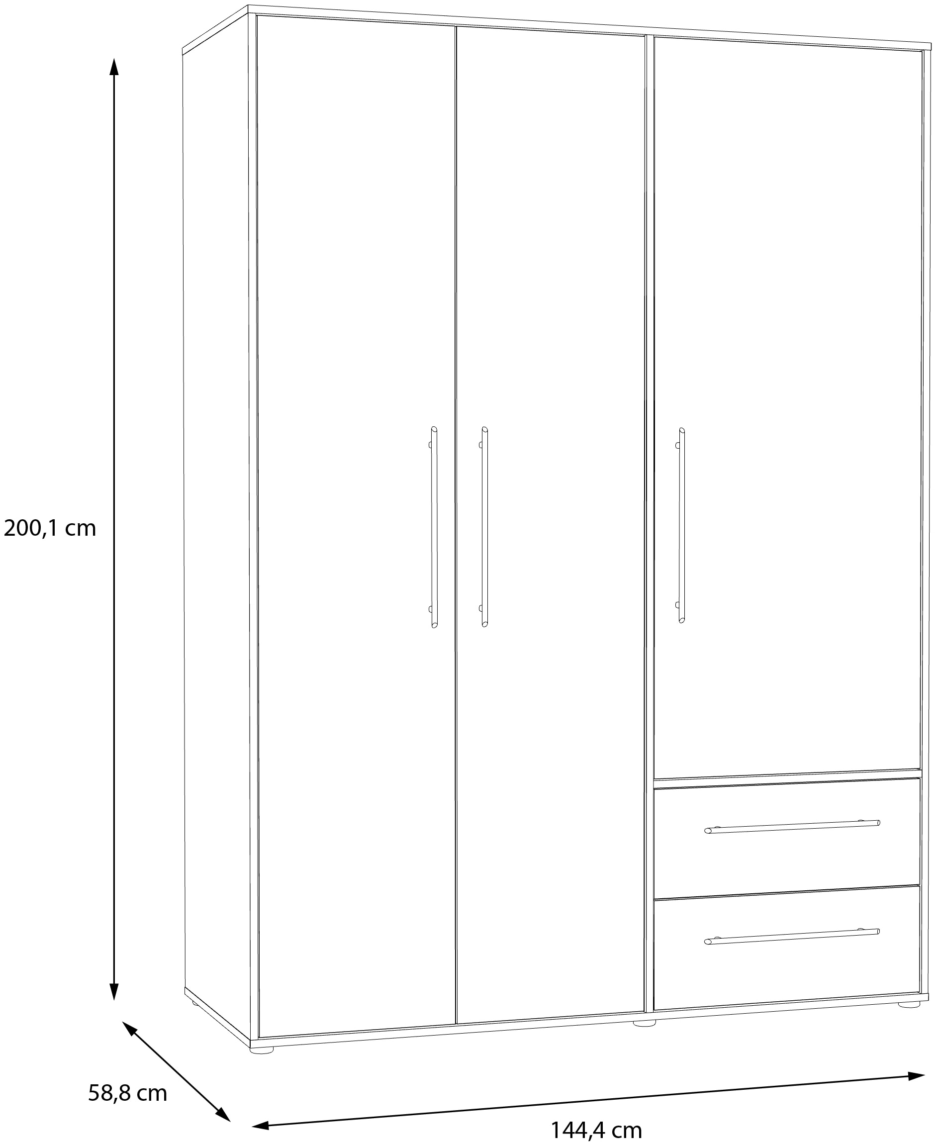 FORTE Drehtürenschrank »Mokkaris. TOPSELLER! verschiedene Größen und Farben«, (BHT ca. 145x200x59cm oder BHT ca. 206x200x59cm), mit Schubladen und schwarzen Stangengriffen, Made in Europe