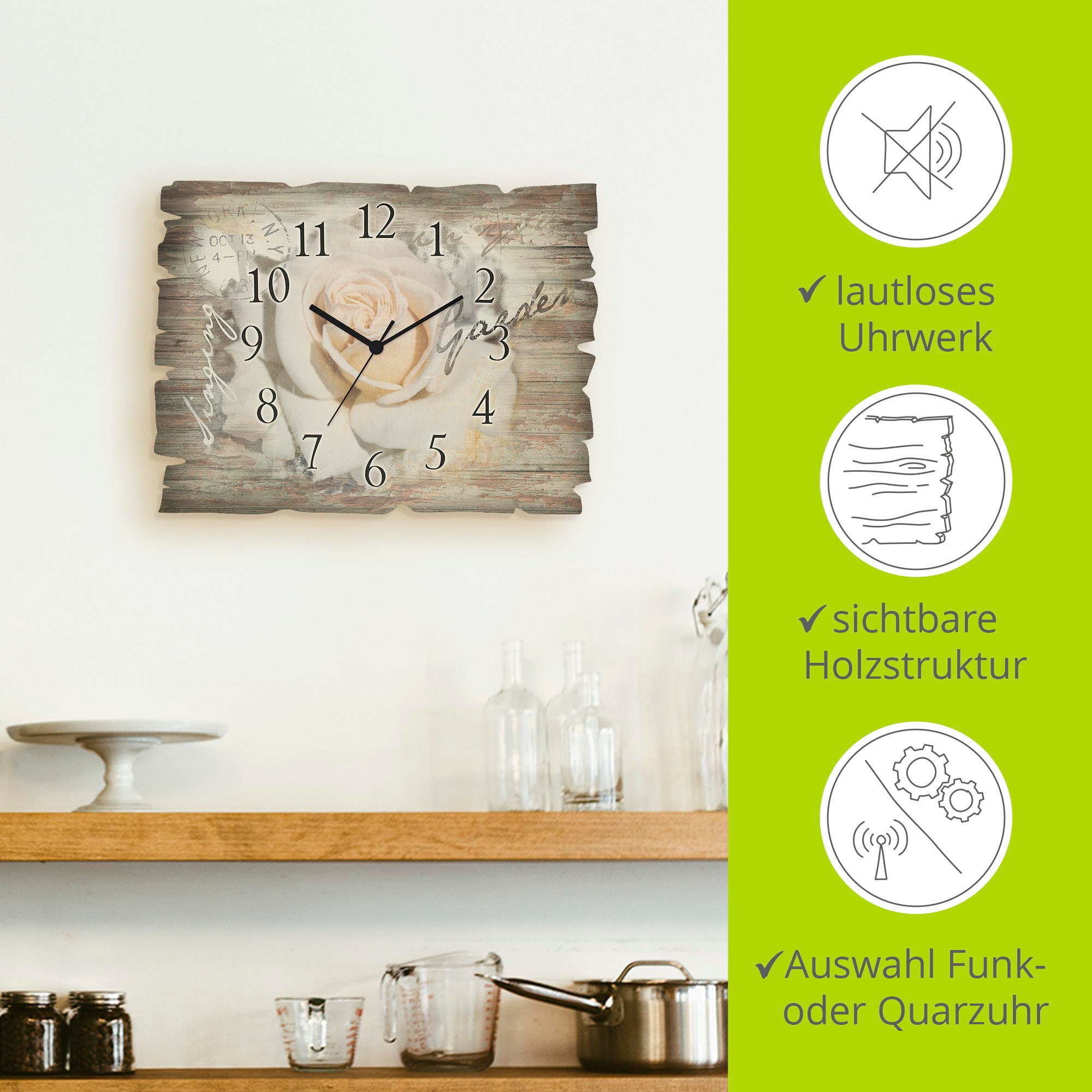 Artland Wanduhr »In Buchstaben - Rose« wahlweise mit Quarz- oder Funkuhrwerk, lautlos ohne Tickgeräusche