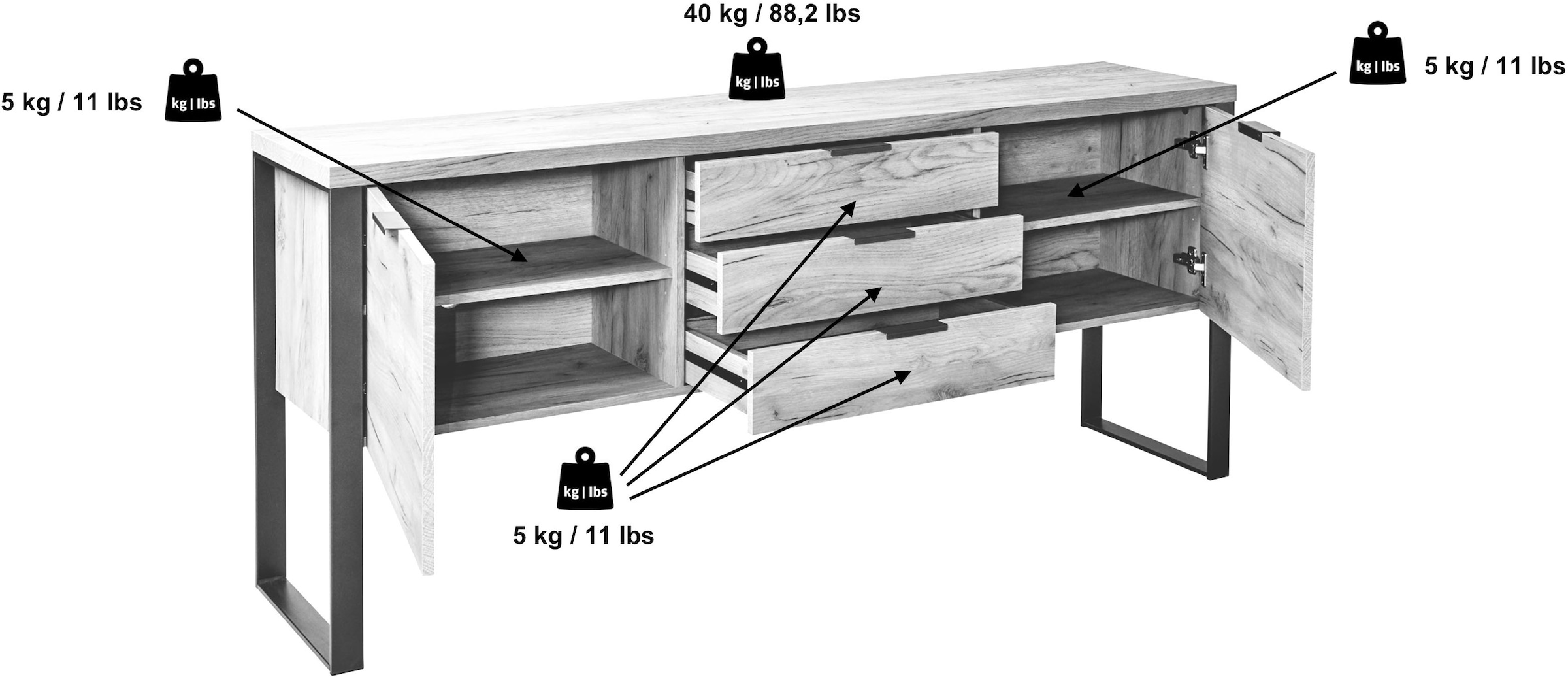 Jahnke Sideboard »LOOP SB 180« Sideboard,2 Türen + 3 Schubladen, Metallrahmen, Breite 180 cm