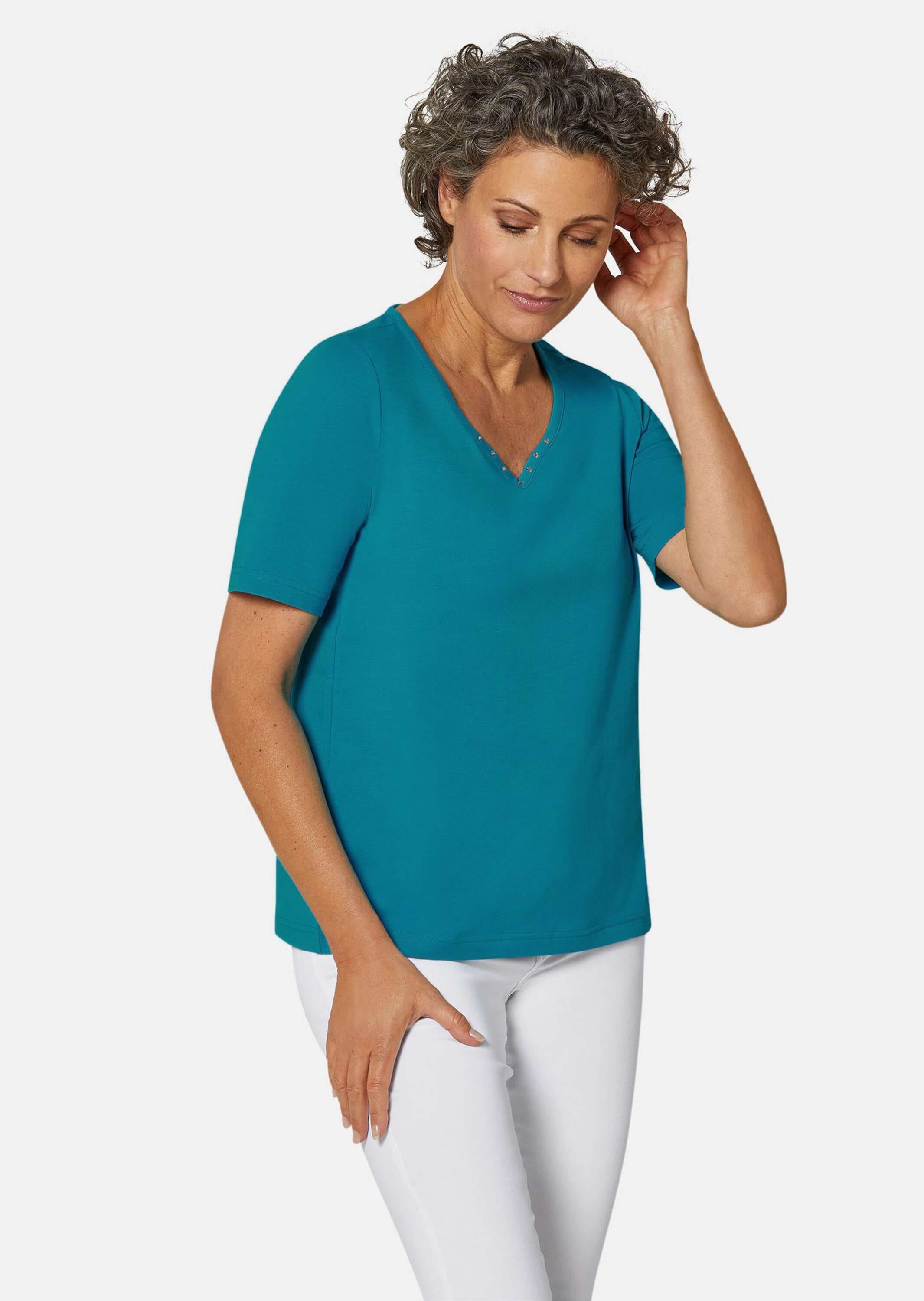 GOLDNER Langarm-Poloshirt »T-Shirt T-Shirt mit charmantem Ausschnitt und Schmucksteinchen«