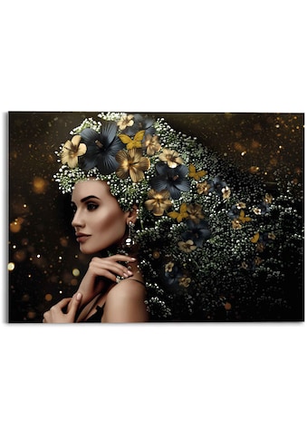 Glasbild »Glasbild Elegante Frau Blumen - Festlich - Schmetterling - Eleganz«, Frau,...