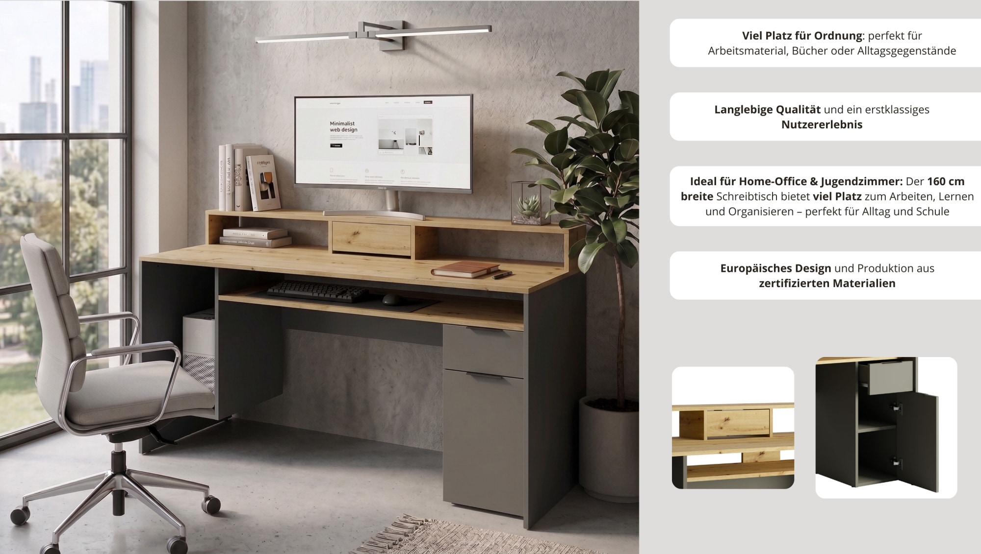 OTTO home Schreibtisch »Peooria Computertisch mit Monitoraufsatz & Towerfach, viel Stauraum« Büroschreibtisch, Gamingtisch mit Schublade, modern, Breite 160 cm