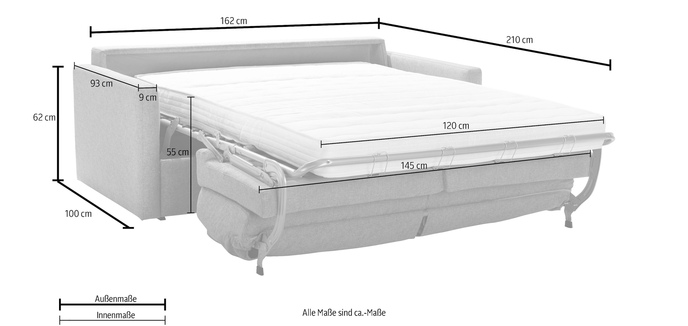 OTTO home Schlafsofa »Goldpoint 162 cm, Dauerschläfer, Liegefläche 120/200cm« 2-Sitzer mit Bettfunktion, Bonell-Federkernmatratze