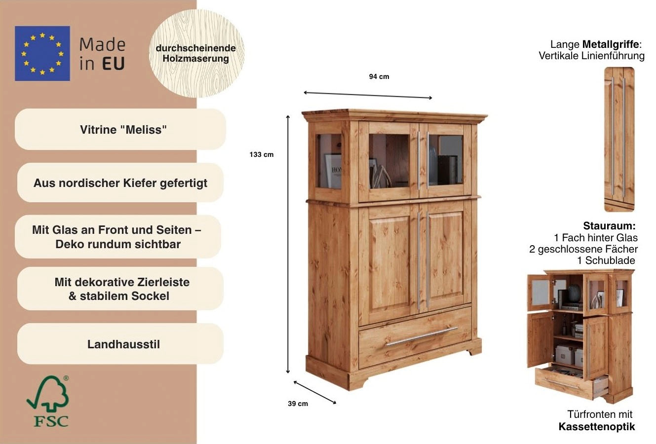 OTTO home Highboard »Melissa Vitrine Breite/Höhe/Tiefe 94/39/133 cm«