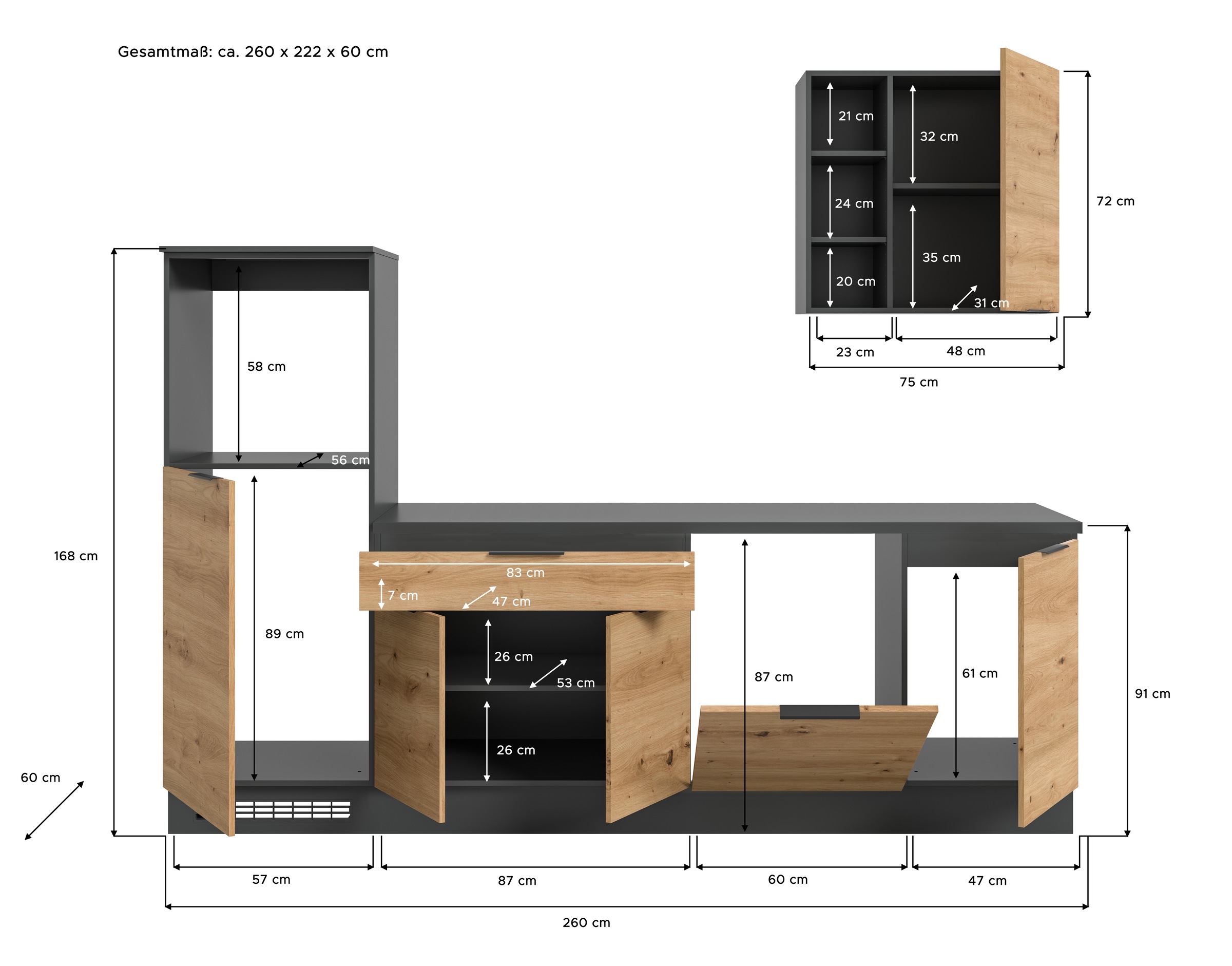 KOCHSTATION Küchenzeile »KS-Lulea«, Breite 260 cm, ohne E-Geräte, mit 3 cm starker Arbeitsplatte