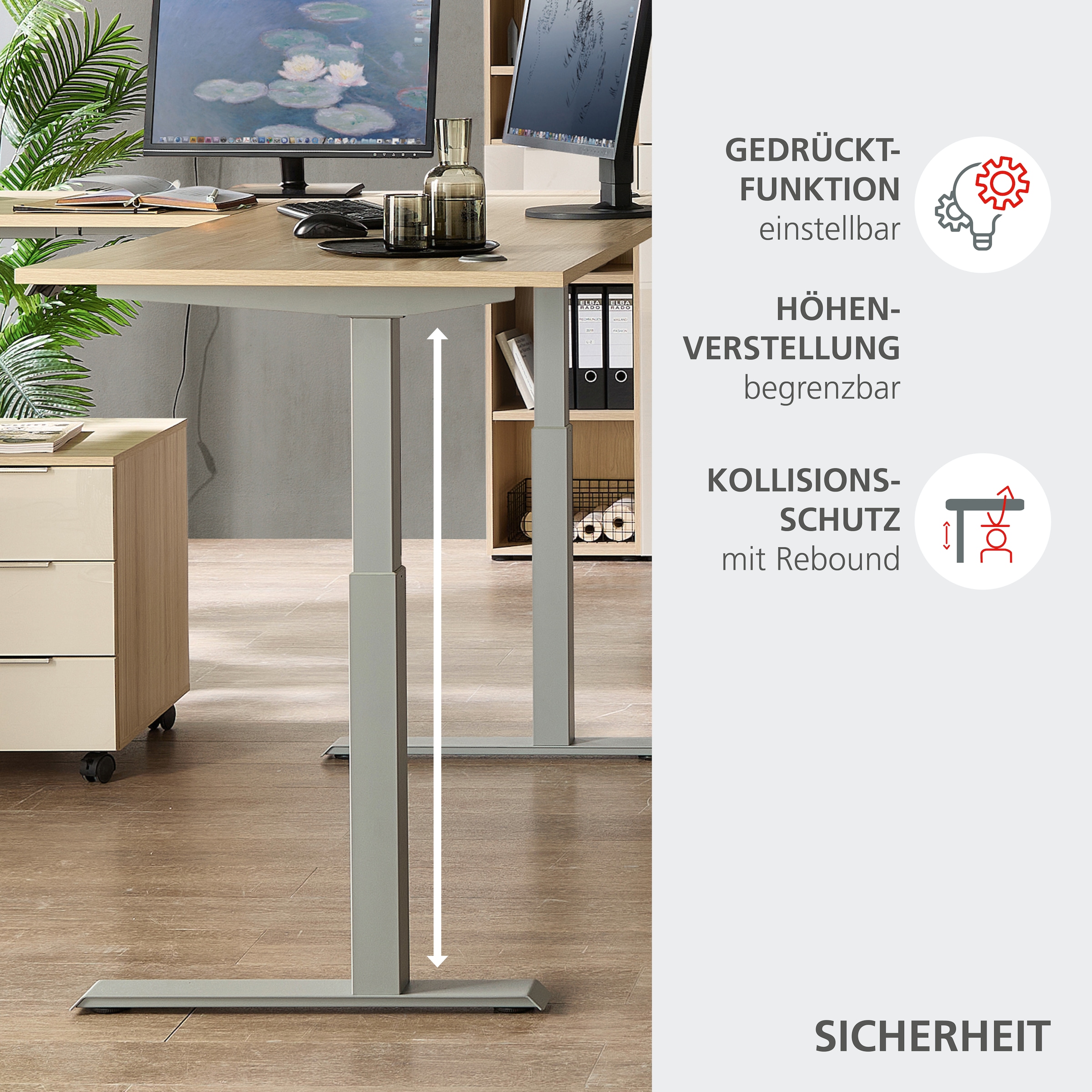 Innostyle Schreibtisch »Schreibtisch Santorin, 185/72/173 cm ( B/H/T)« 1 Stk. tlg. mit motor. Höhenverst. (72-120 cm) mit Memory-Funkt., li/re montierbar