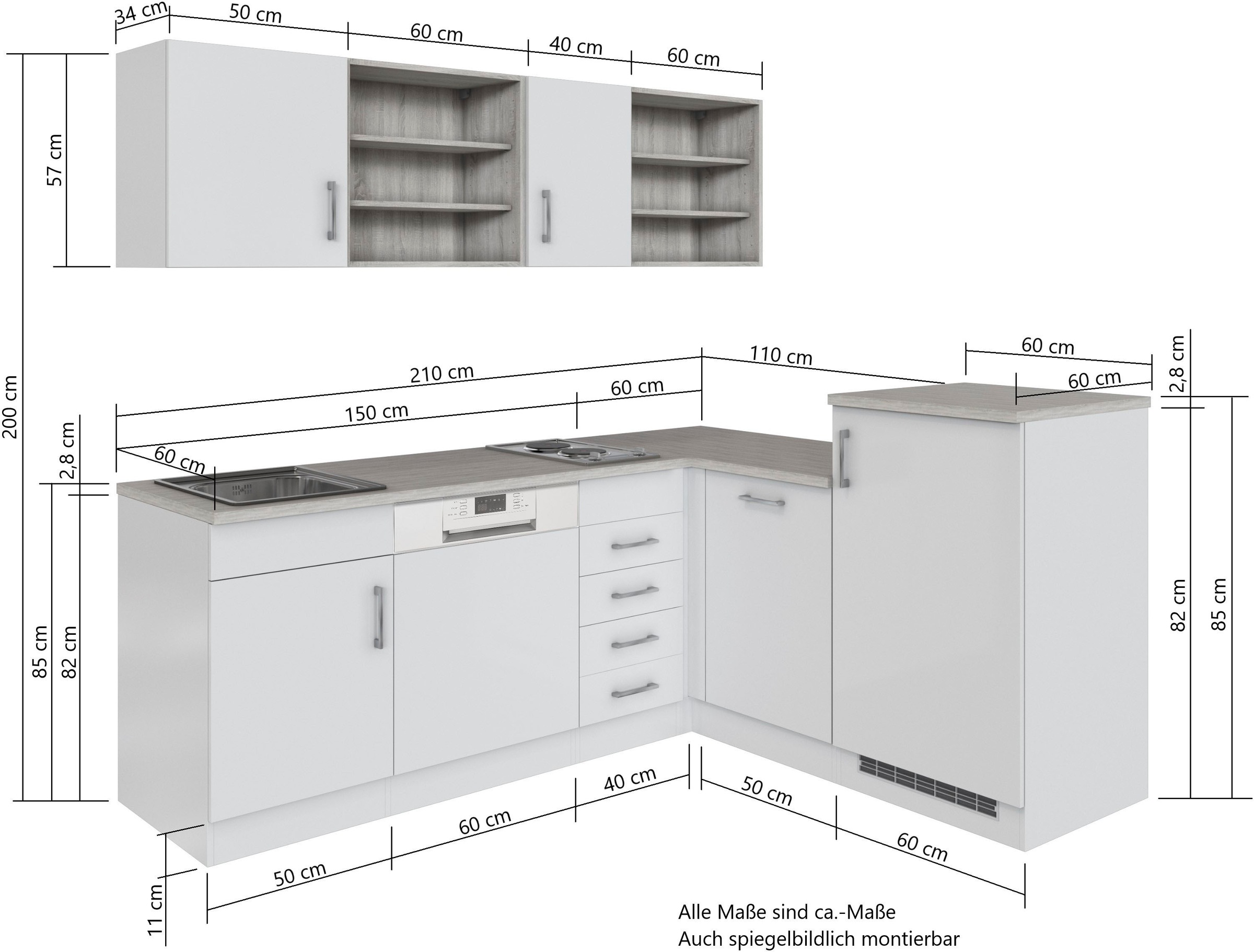 KOCHSTATION Küche »KS-Mali«, Stellbreite 210/170 cm, mit E-Geräten