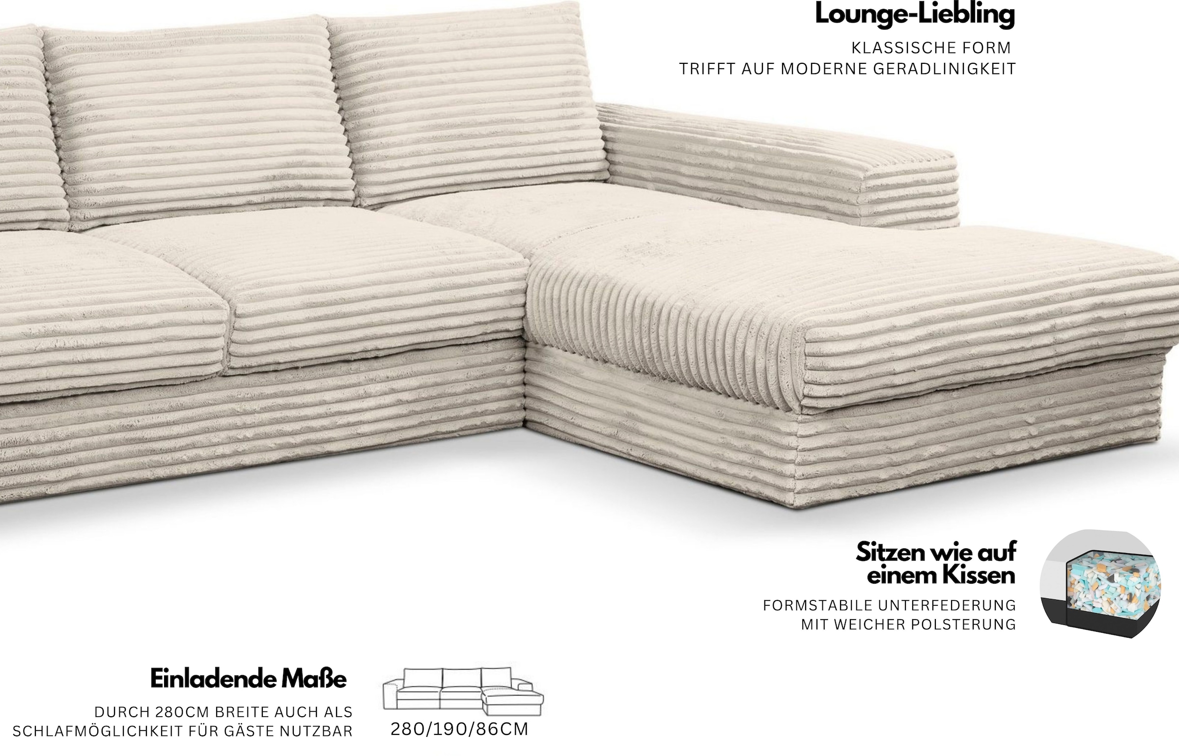 WERK2 Ecksofa »Rozzana Design Ecksofa mit hohem Komfort, zeitlos & elegant,  L-Form,« in kuschelweichen Trendstoffen Cord, Breitcord und Plüsch