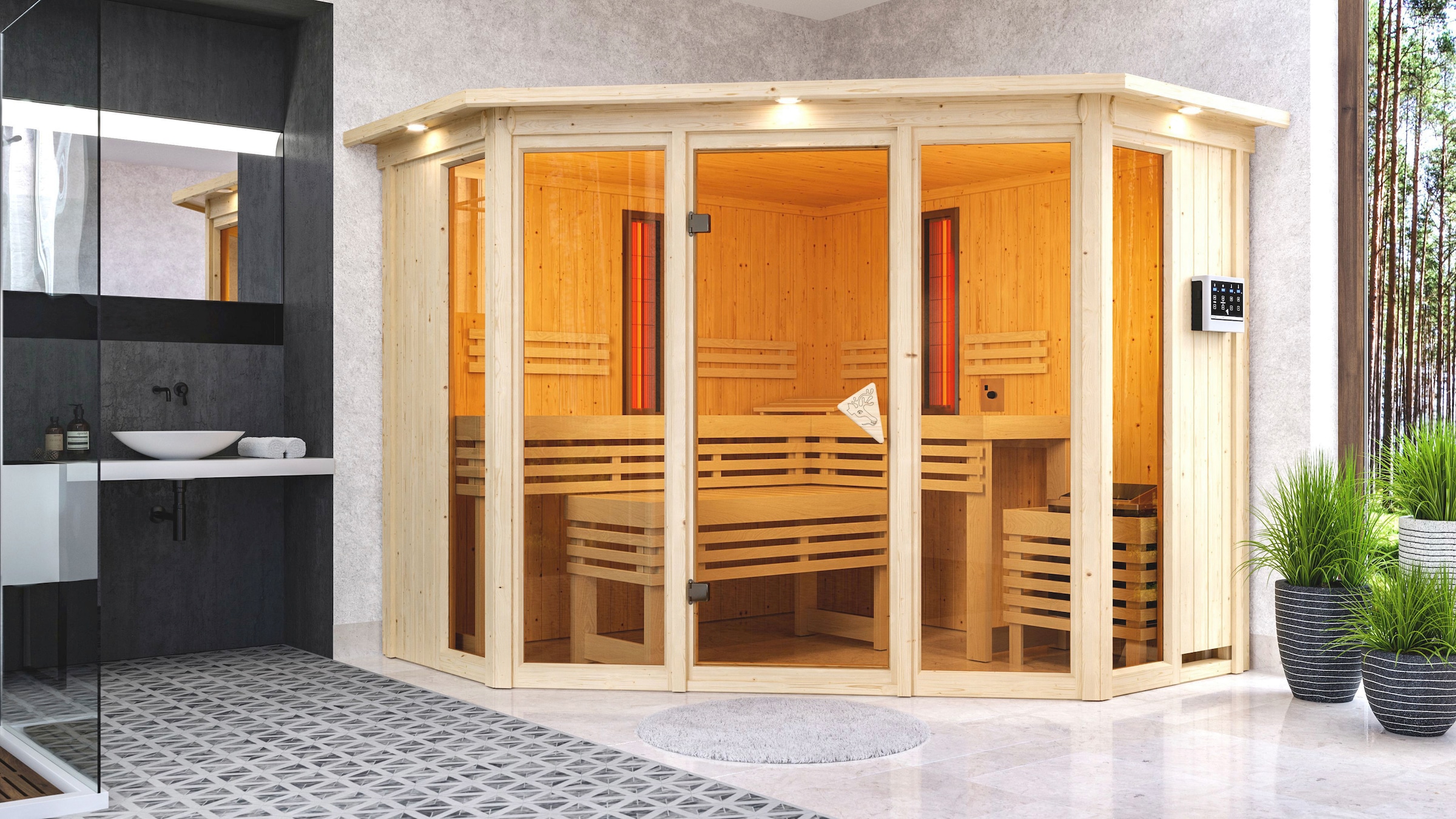 Karibu Sauna »Adele« Set,  Ofen 9 kW Bio externe Strg easy
