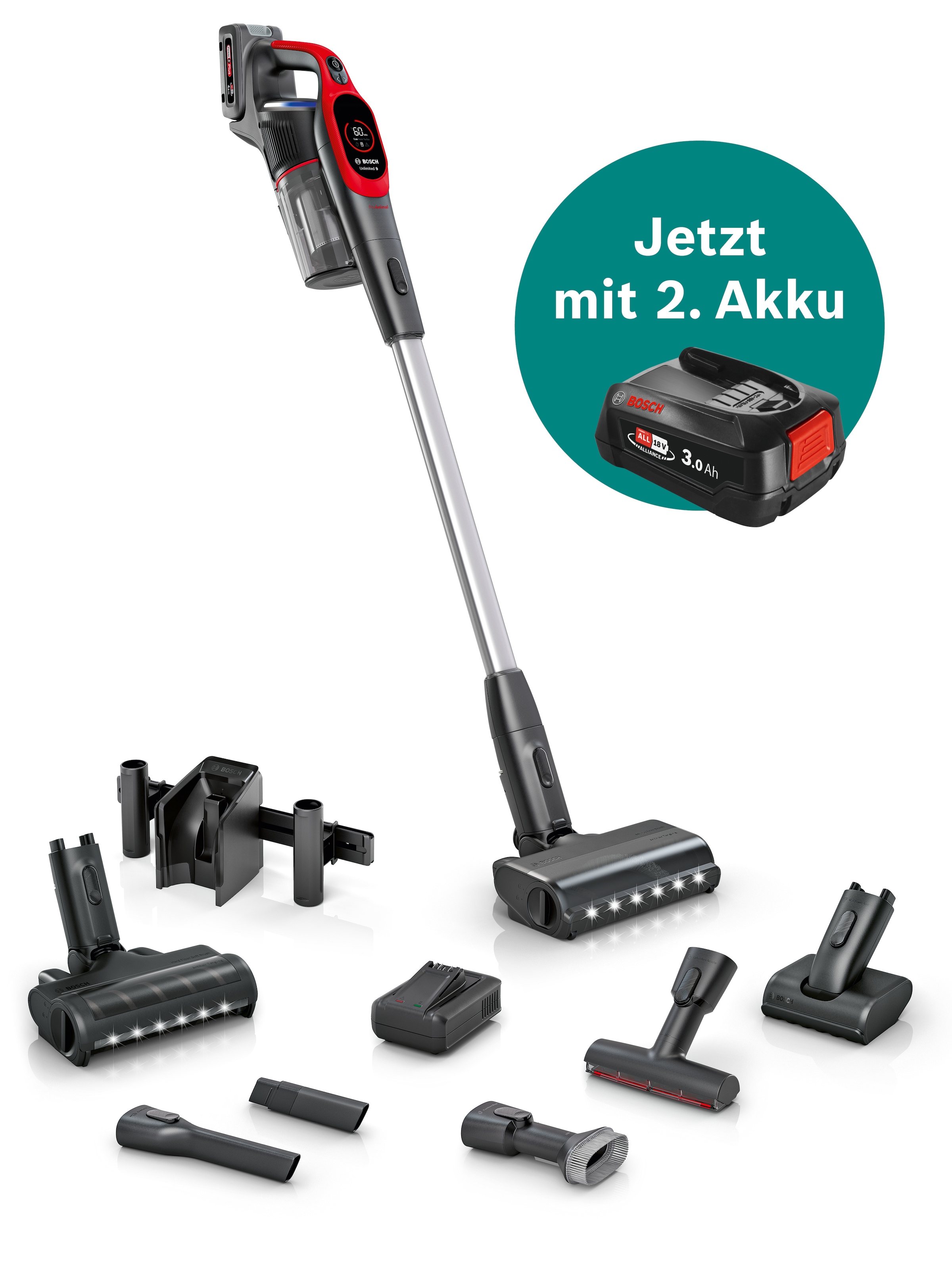 BOSCH Akku-Stielstaubsauger »Neuheit Unlimited 9 ProAnimal BKS941PET, MicroClean™ Technology« HEPA-Filtersystem, 10 Jahre Motorgarantie, Schnellladegerät, LED Licht