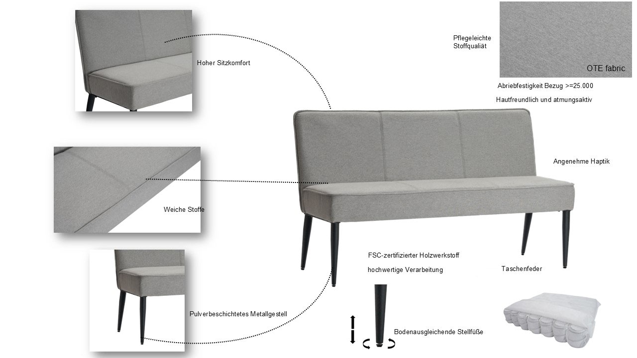 Home affaire Polsterbank »LENZROSE«, (Esszimmerbank, Bank,), mit Taschenfederkern, schwarzes Metallgestell, Breite 142 cm