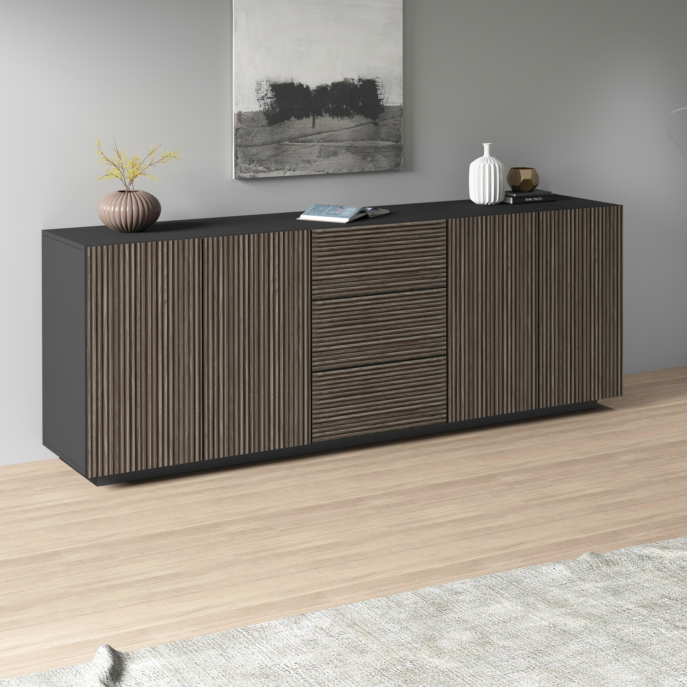 Home affaire Sideboard »Vega Sideboard,Kommode,220 cm« mit 4 Türen und 3 Schubladen,Fronten mit Rillen-Optik