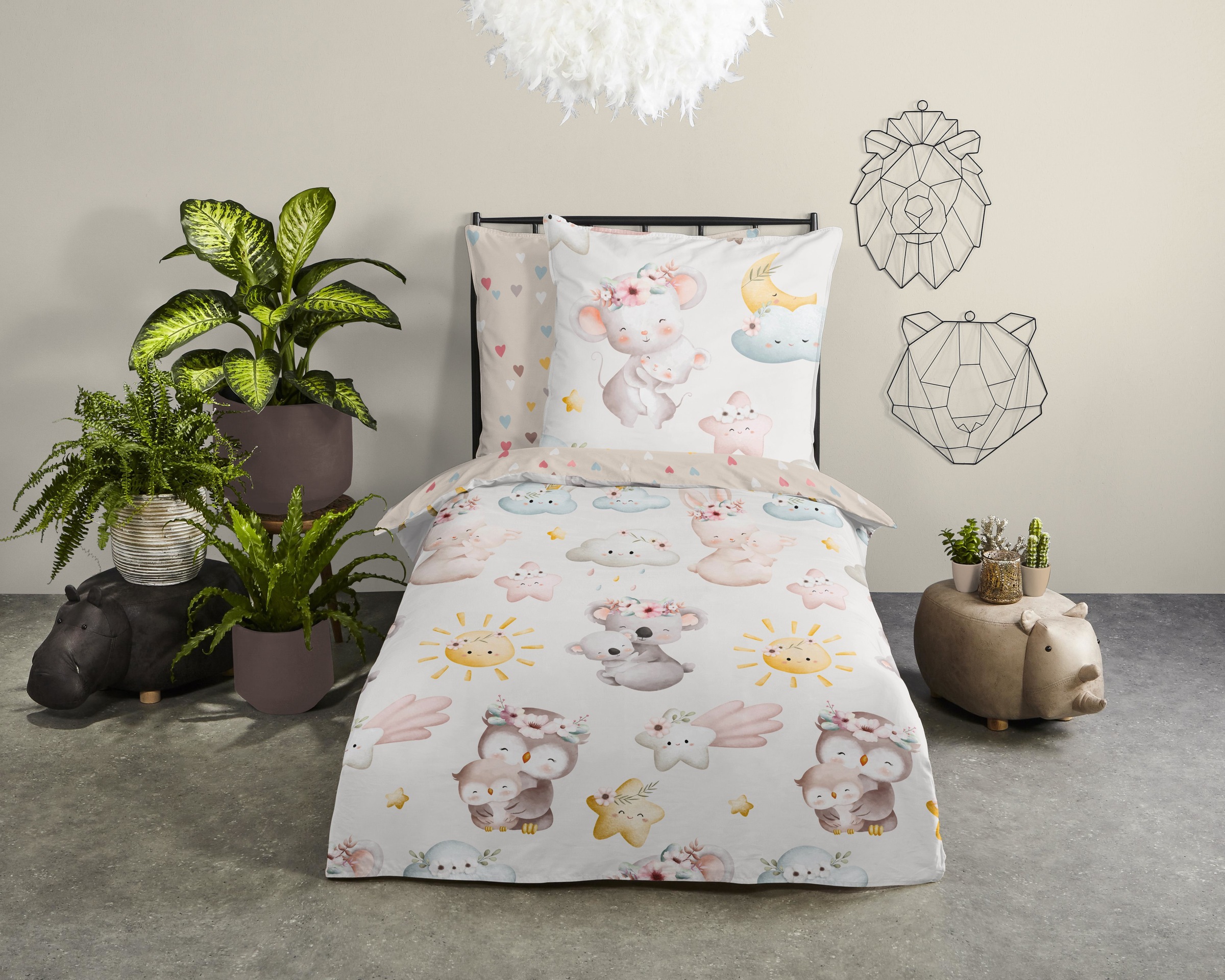 good morning Babybettwäsche »Hugss«, Baumwolle, Renforcé, 2 Teilig, Wendeoptik, Kind, Baby, Mädchen, Tiere